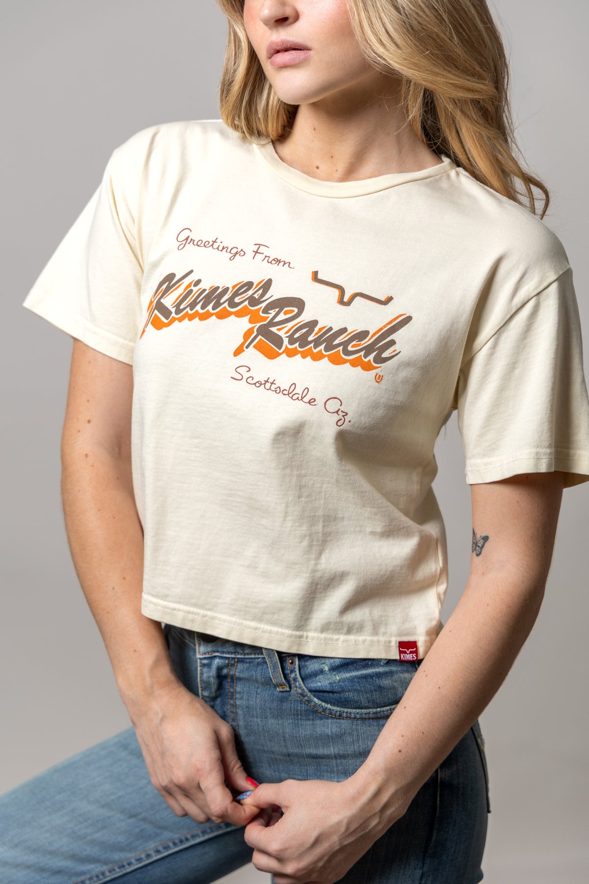 Kimes Ranch Lucky B Greetings shirt in Ivory with a vintage graphic print reading Greetings From Kimes Ranch Scottsdale Az