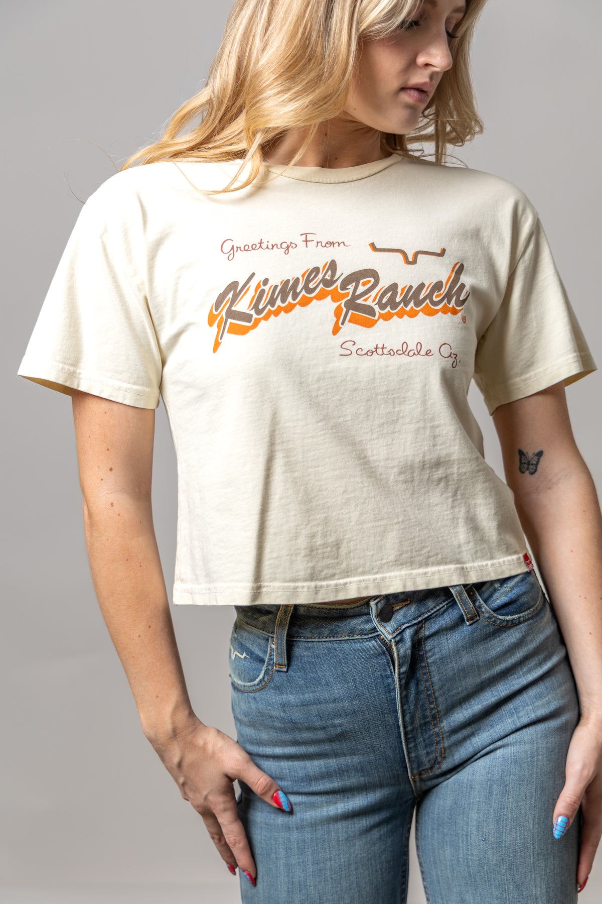 Kimes Ranch Lucky B Greetings shirt in Ivory with a vintage Greetings From Kimes Ranch Scottsdale Az graphic print