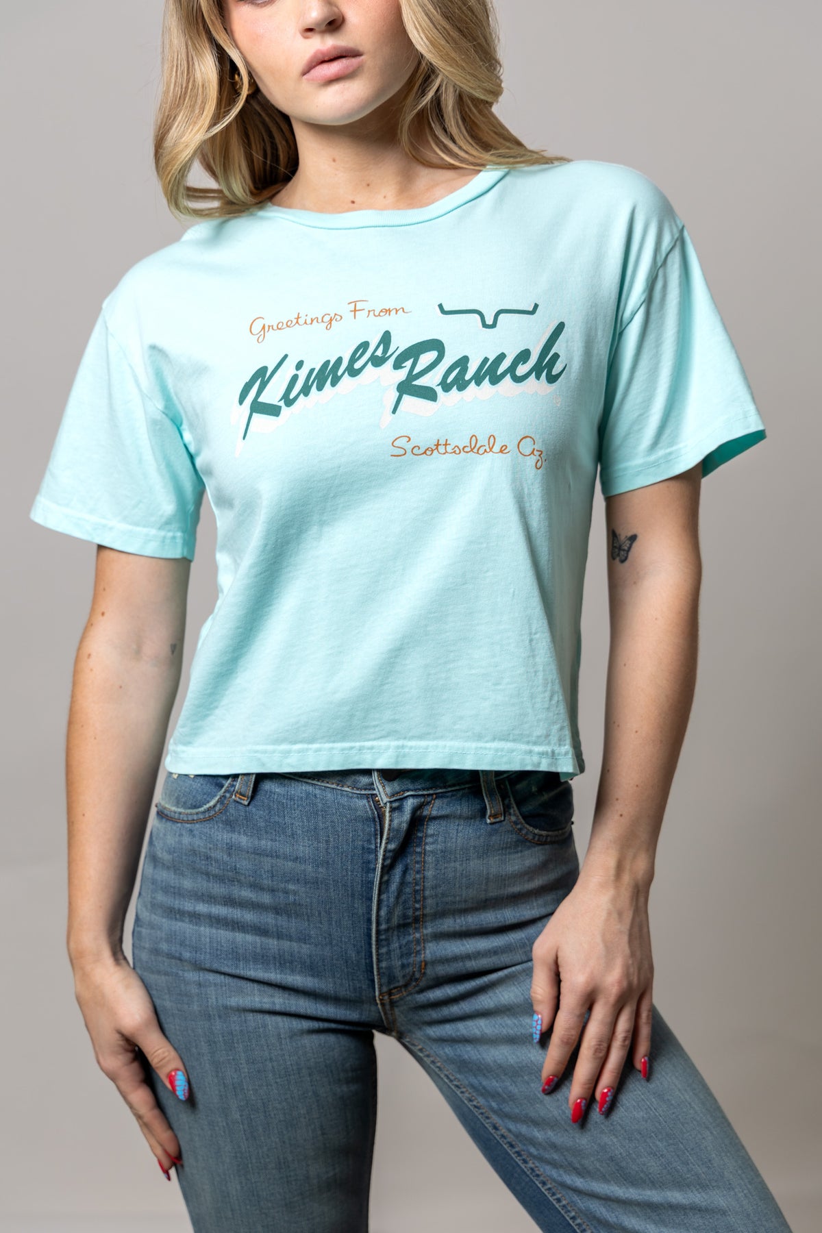 Kimes Ranch Lucky B Greetings shirt in Mint with a vintage script graphic and Kimes Ranch logo