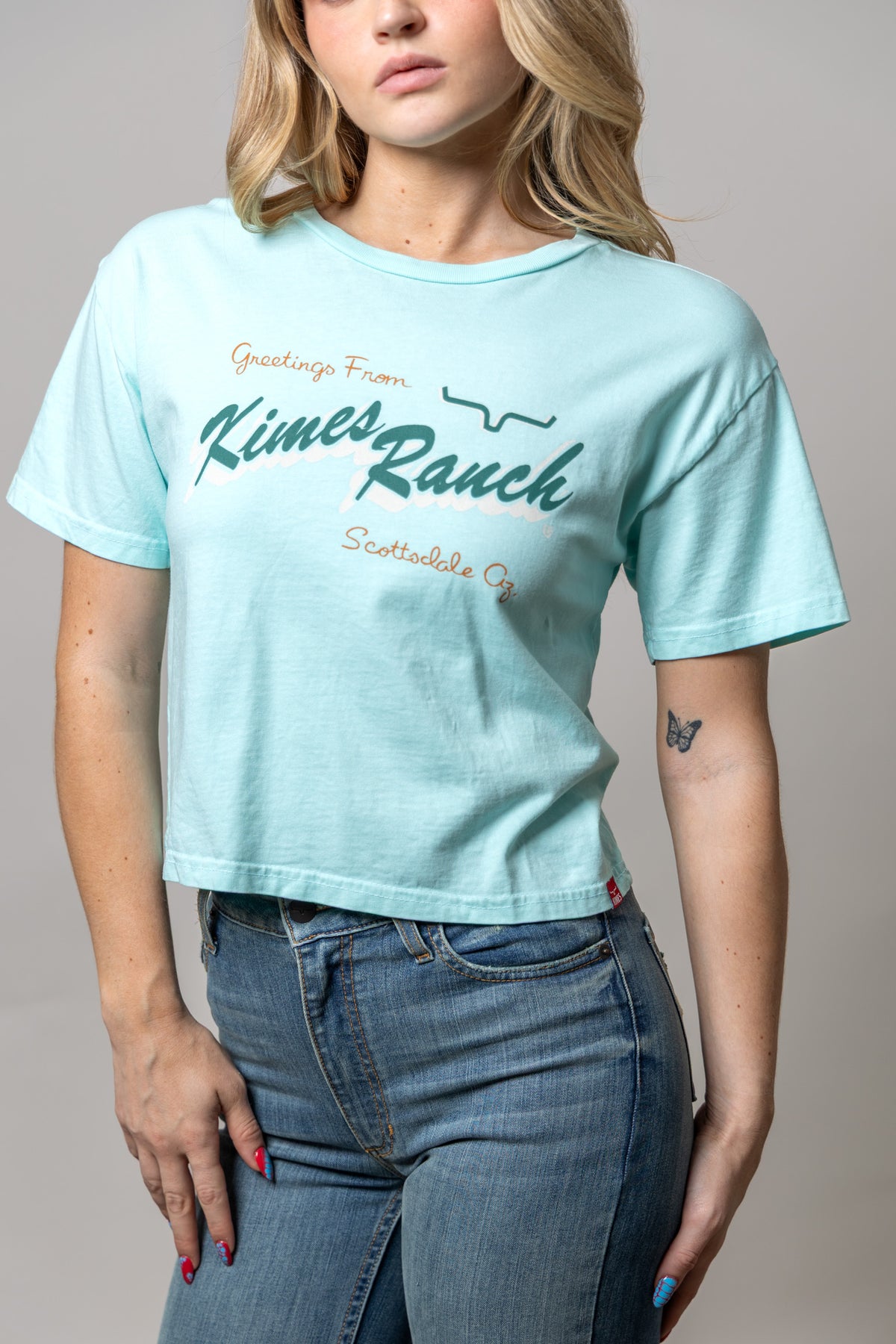 Kimes Ranch Lucky B Greetings Mint shirt with Greetings From Kimes Ranch Scottsdale Az graphic