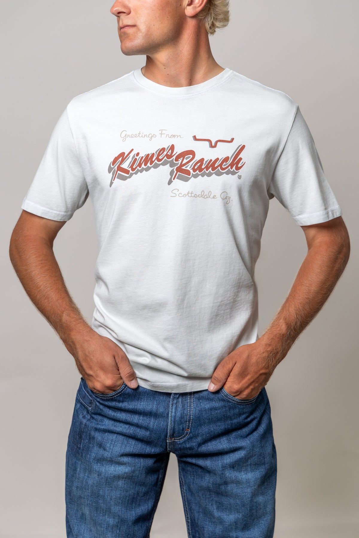 Kimes Ranch Lucky B Greetings shirt in Natural with a vintage script graphic reading Greetings From Kimes Ranch Scottsdale Az