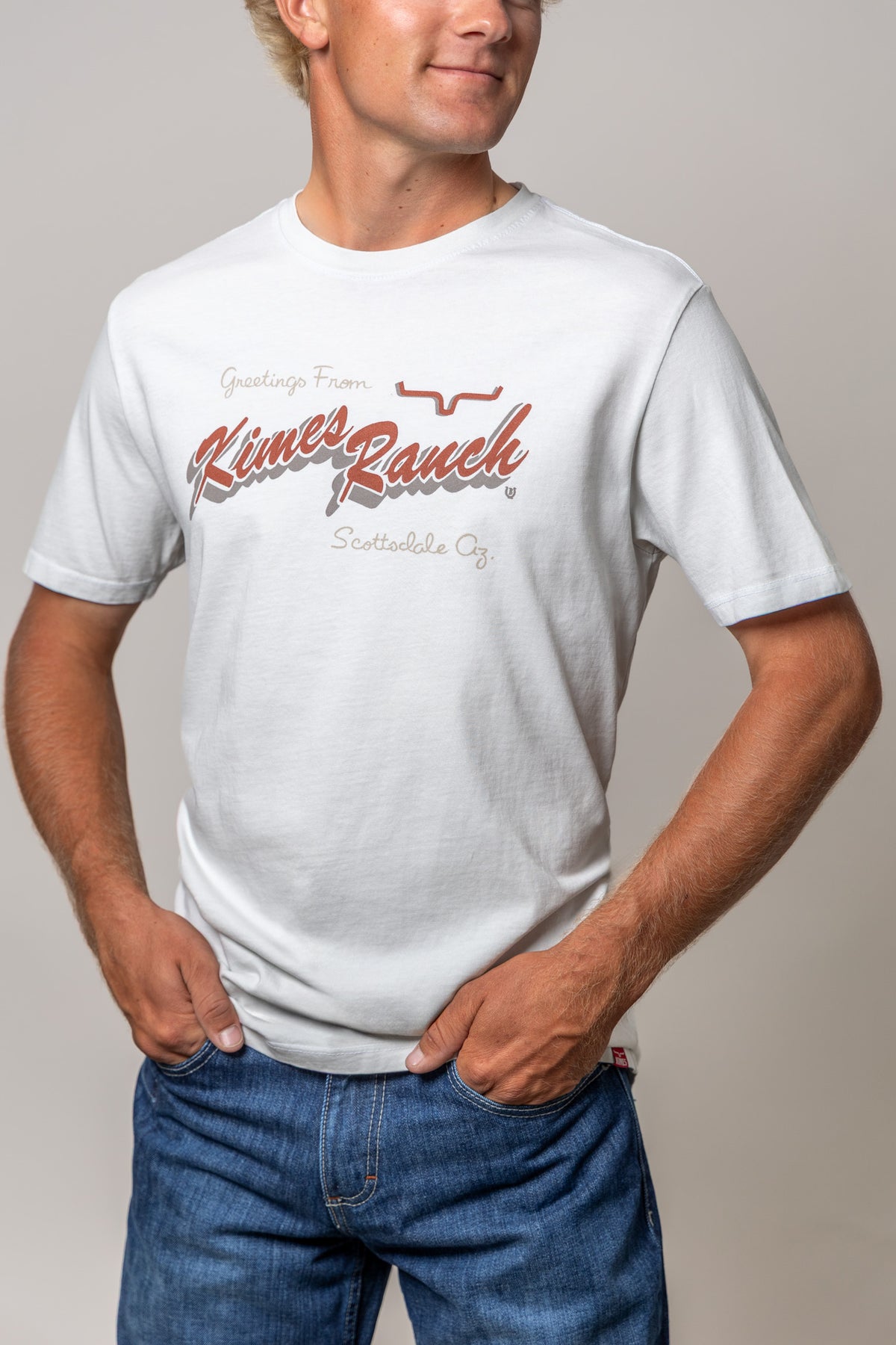 Kimes Ranch Lucky B Greetings shirt in Natural with a vintage script graphic reading Greetings From Kimes Ranch Scottsdale Az