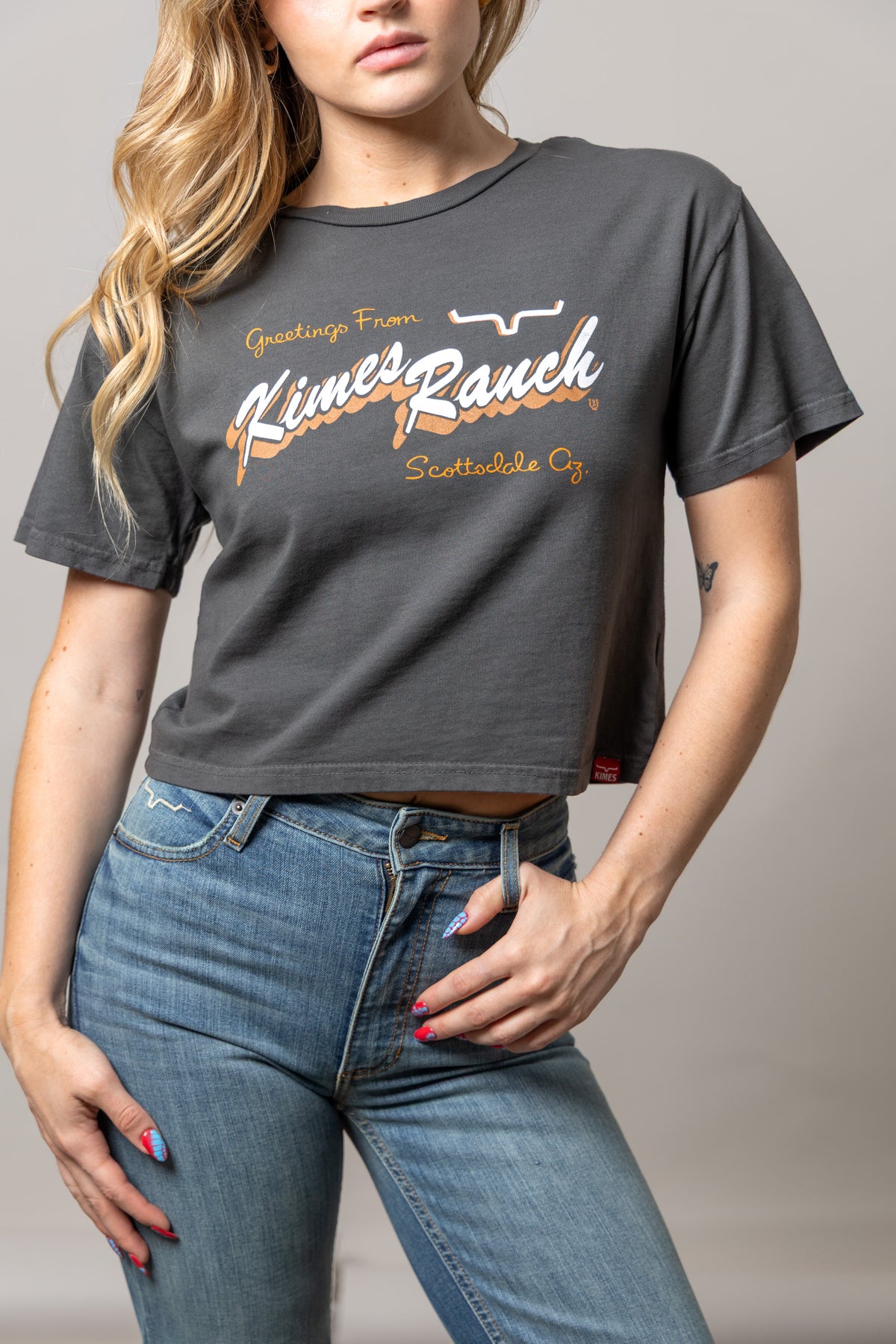 Kimes Ranch Lucky B Greetings shirt in Pepper with a vintage Greetings From Kimes Ranch Scottsdale Az graphic print