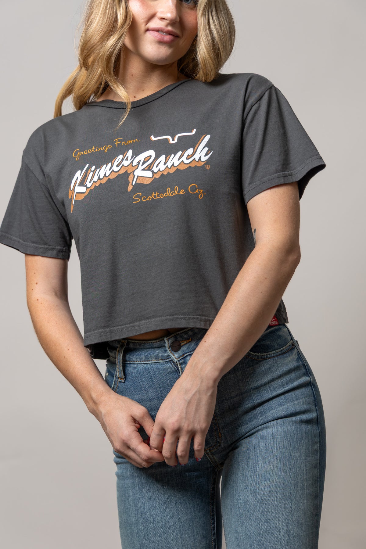 Kimes Ranch Lucky B Greetings shirt in Pepper with a vintage Greetings From Kimes Ranch Scottsdale Az graphic print