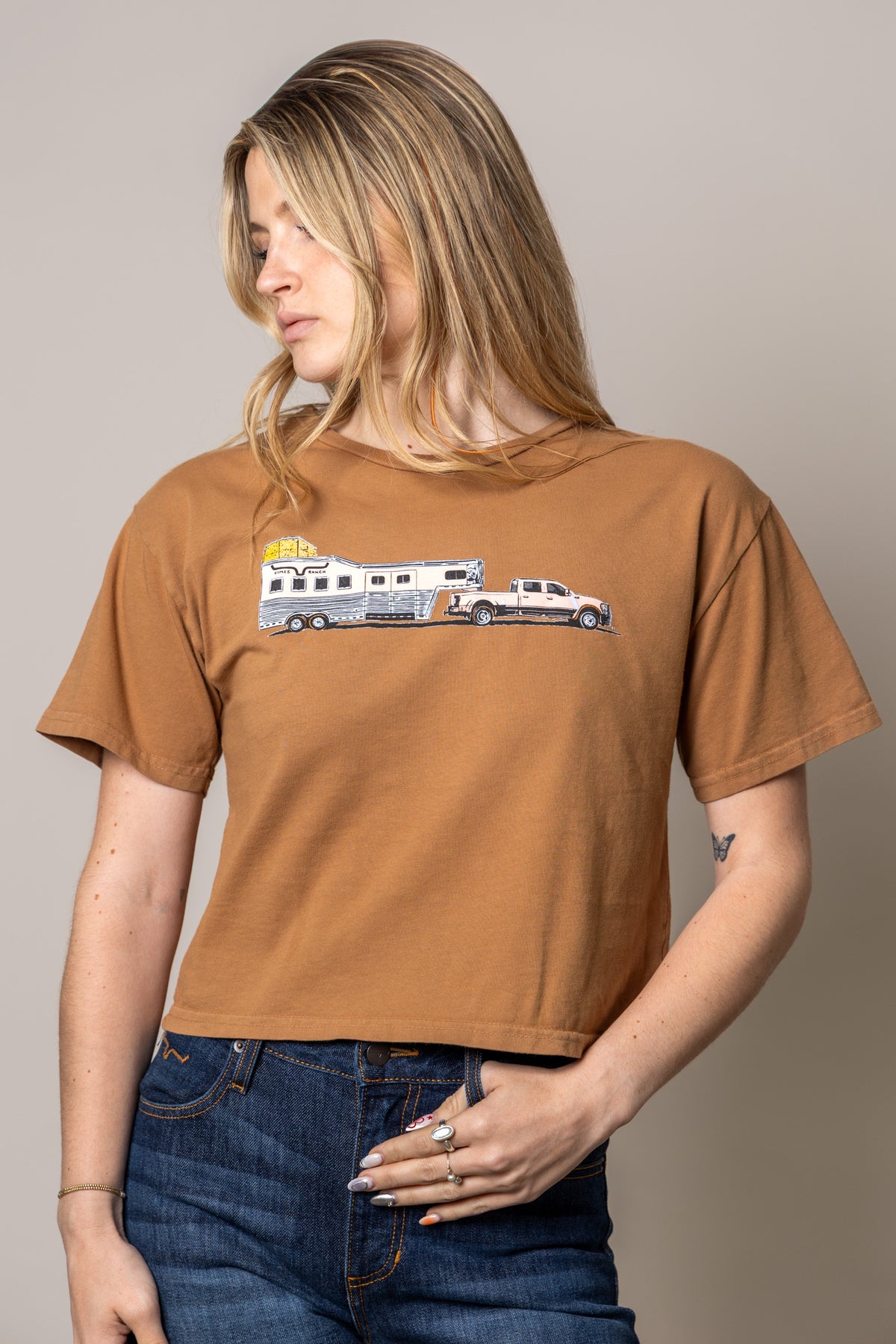 Kimes Ranch Lucky B Hauler shirt in Tobacco with a graphic of a truck towing a horse trailer
