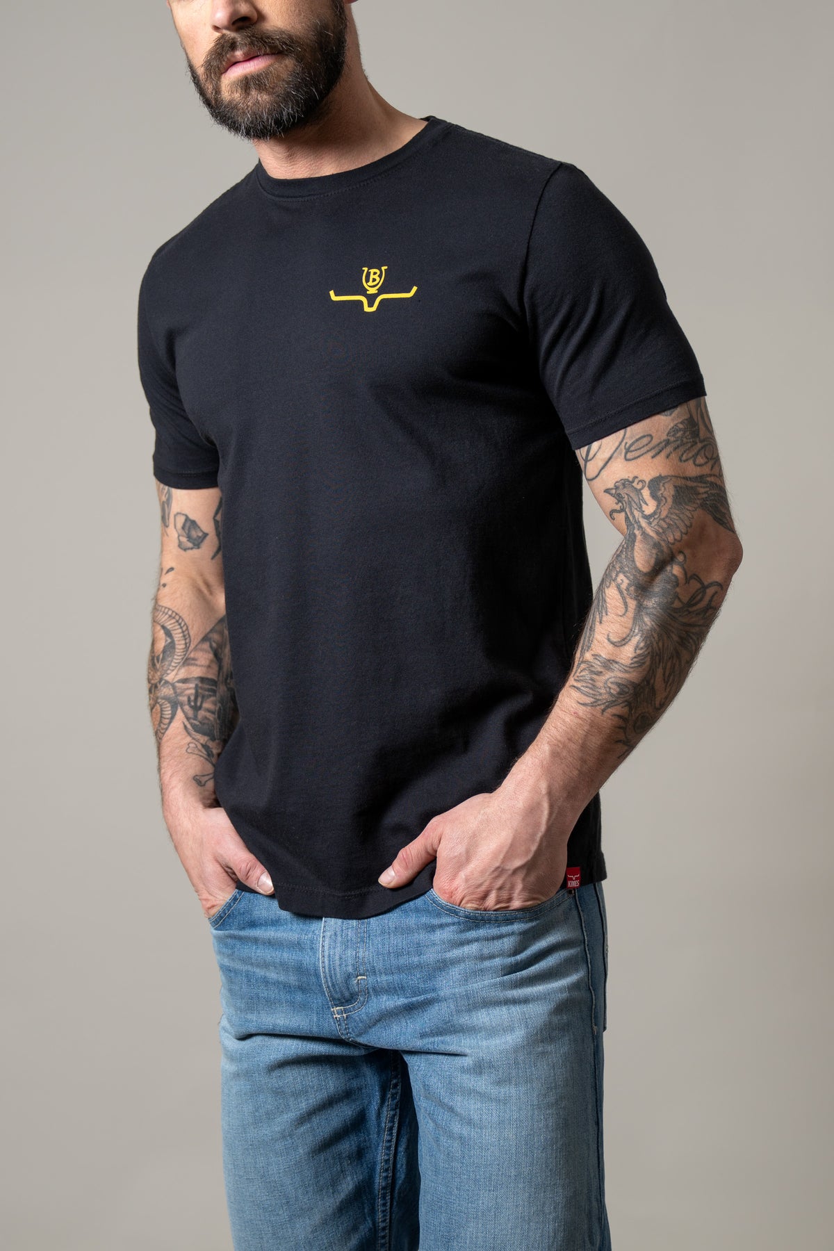 Kimes Ranch Lucky B Iron shirt in Black with a yellow logo on the chest