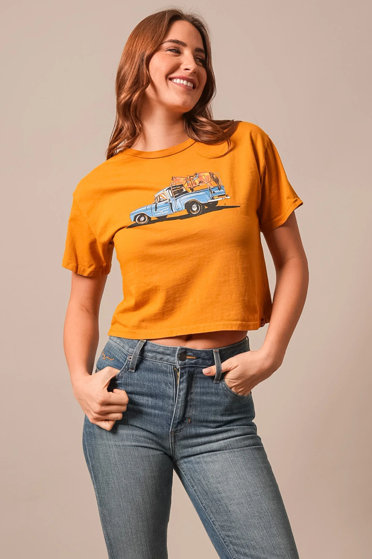 Kimes Ranch Lucky B Pick Up shirt in Gold with a vintage blue truck graphic