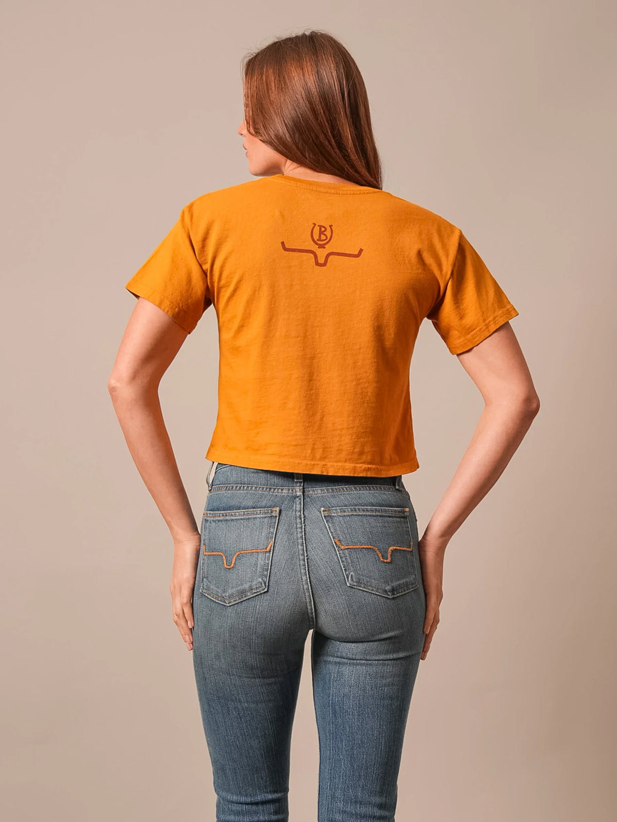 Kimes Ranch Lucky B Pick Up shirt in Gold, back view, with a back yoke logo and short sleeves