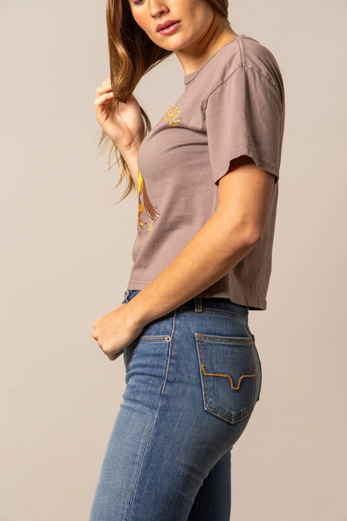 Kimes Ranch Lucky B Rodee-oh!, side view, Mocha short sleeve shirt with graphic print