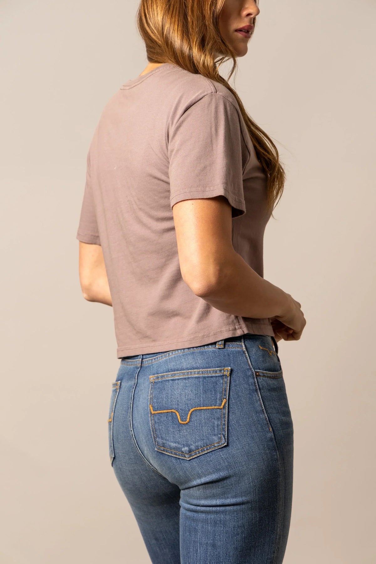 Kimes Ranch Lucky B Rodee-oh!, side view, Mocha short sleeve shirt with curved back hem