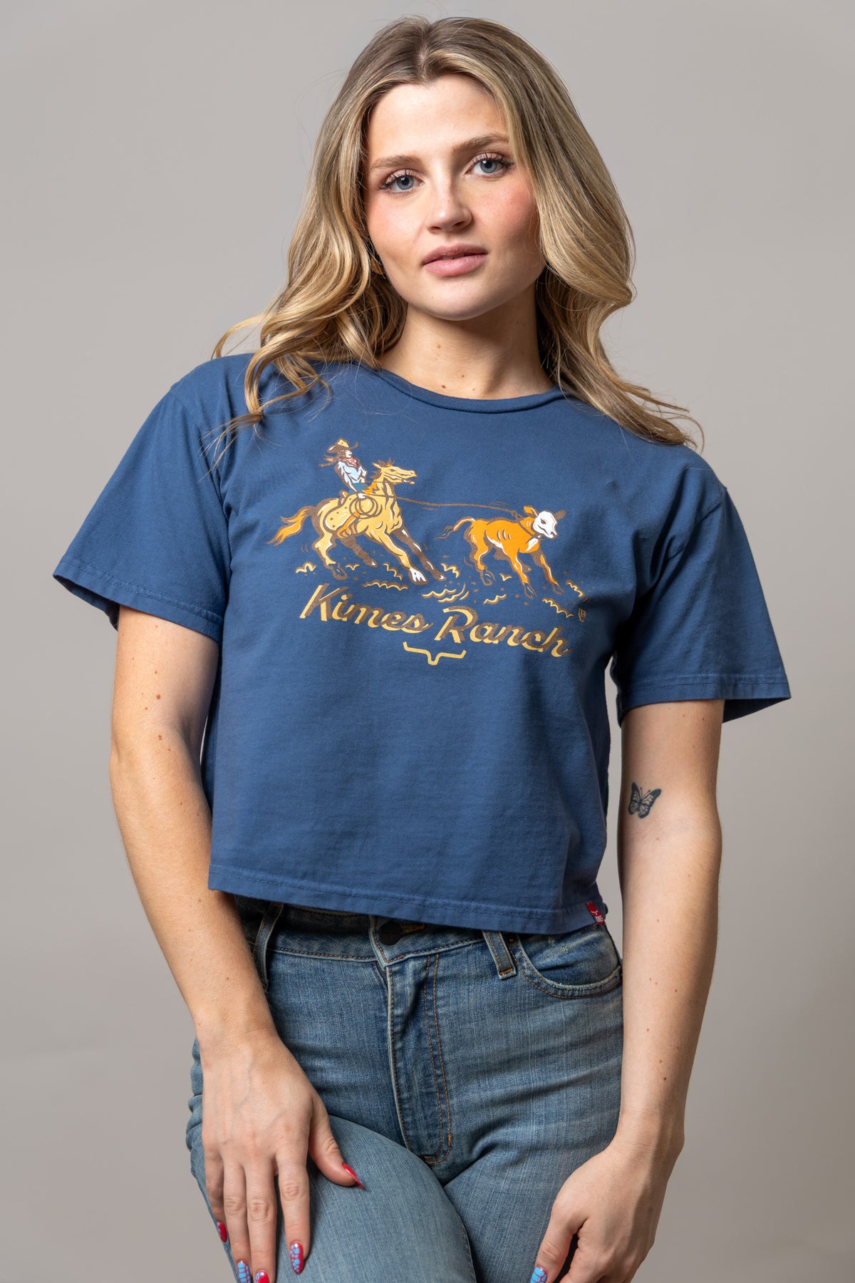 Kimes Ranch Lucky B Roper shirt in Dark Blue with a graphic of a rodeo rider roping a calf and the words Kimes Ranch