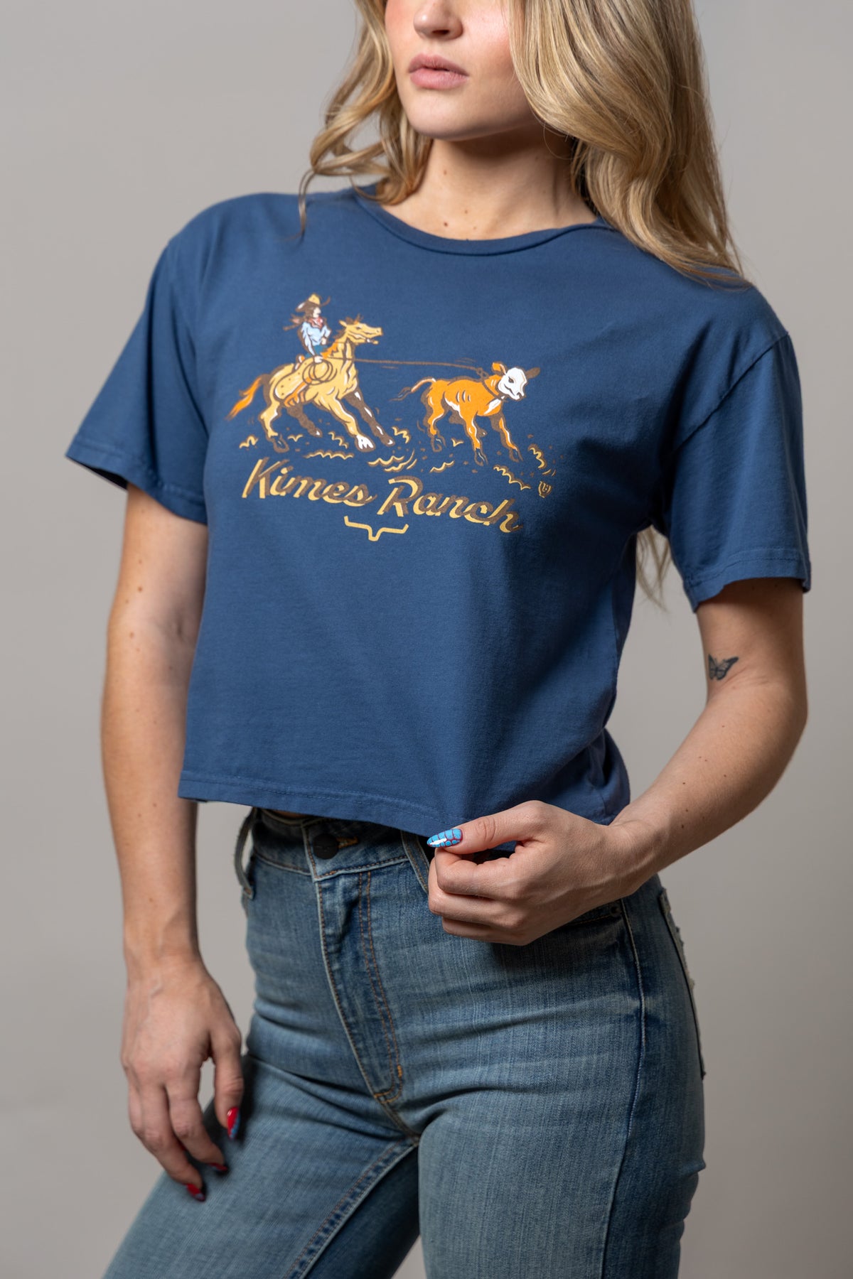 Kimes Ranch Lucky B Roper shirt in Dark Blue with a graphic of a rodeo rider roping a calf and the Kimes Ranch logo