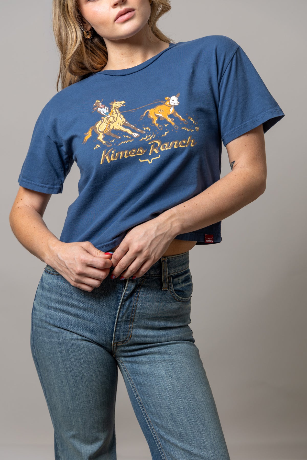 Kimes Ranch Lucky B Roper shirt in Dark Blue with a rodeo graphic and Kimes Ranch logo