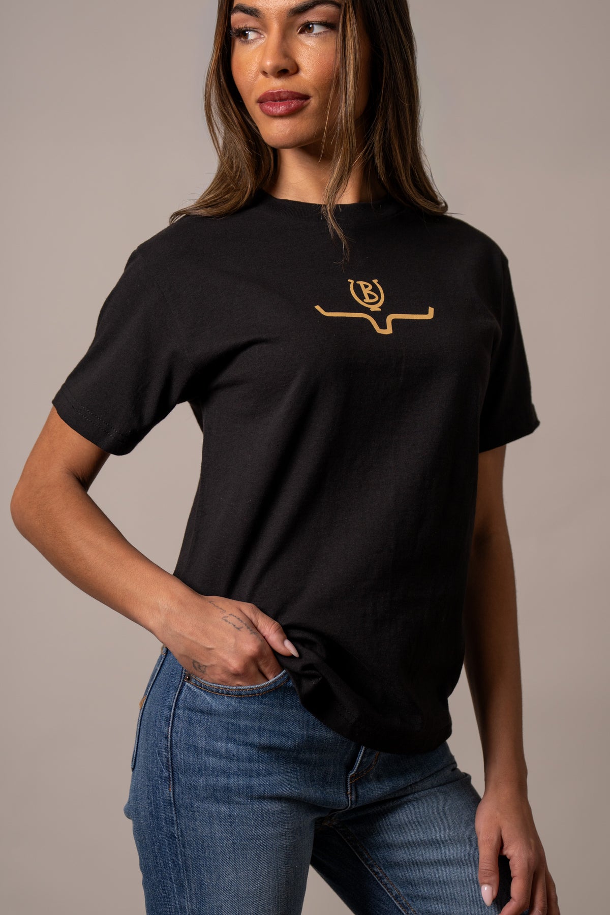 Kimes Ranch Lucky B Saddle shirt in Black with a gold logo on the chest