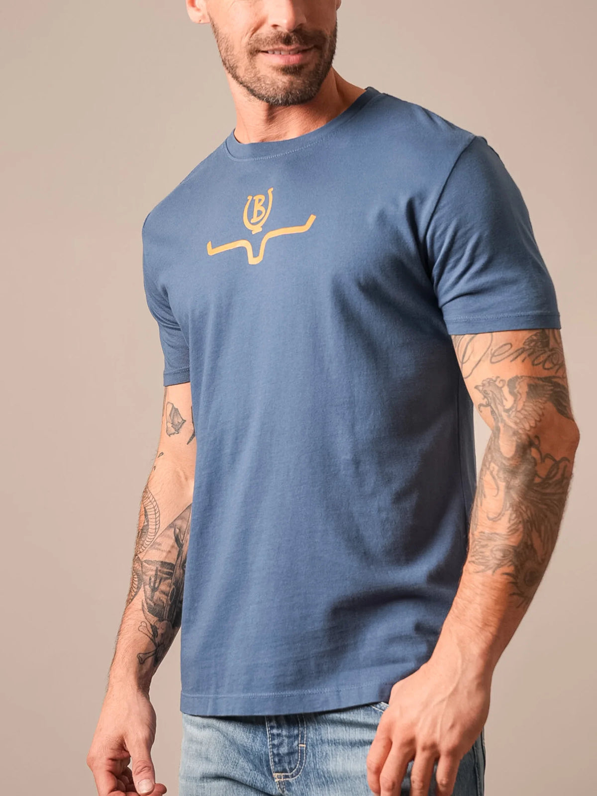 Kimes Ranch Lucky B Saddle shirt in Dark Blue with a gold logo on the chest