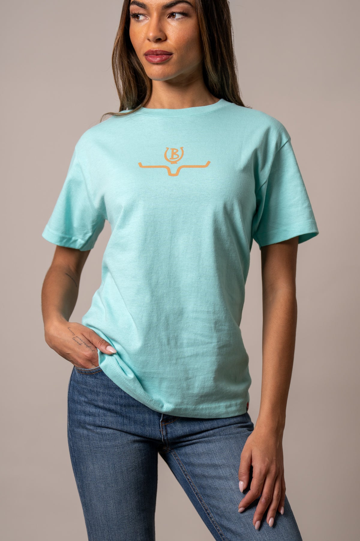 Kimes Ranch Lucky B Saddle shirt in Light Blue with a small orange logo on the chest