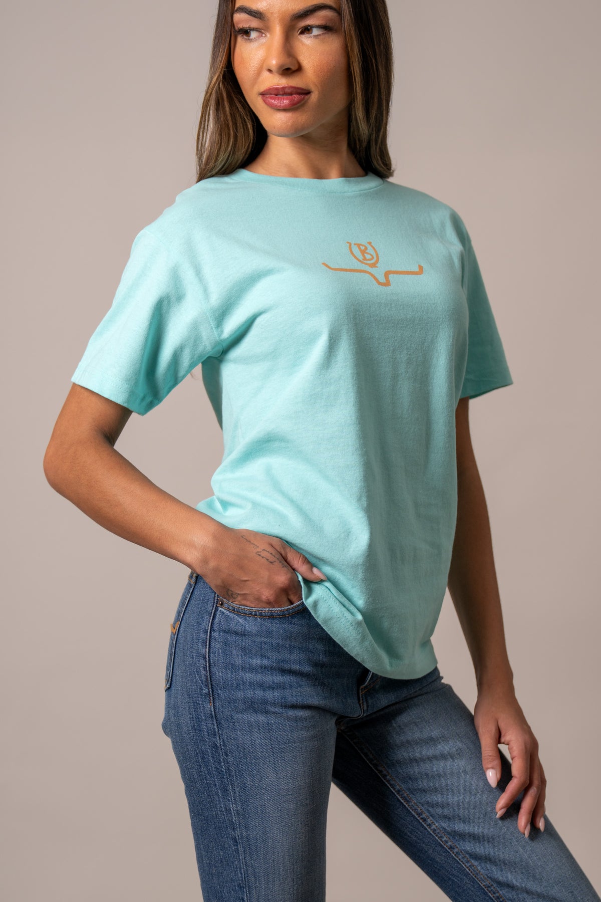 Kimes Ranch Lucky B Saddle shirt in Light Blue with a small orange logo on the chest
