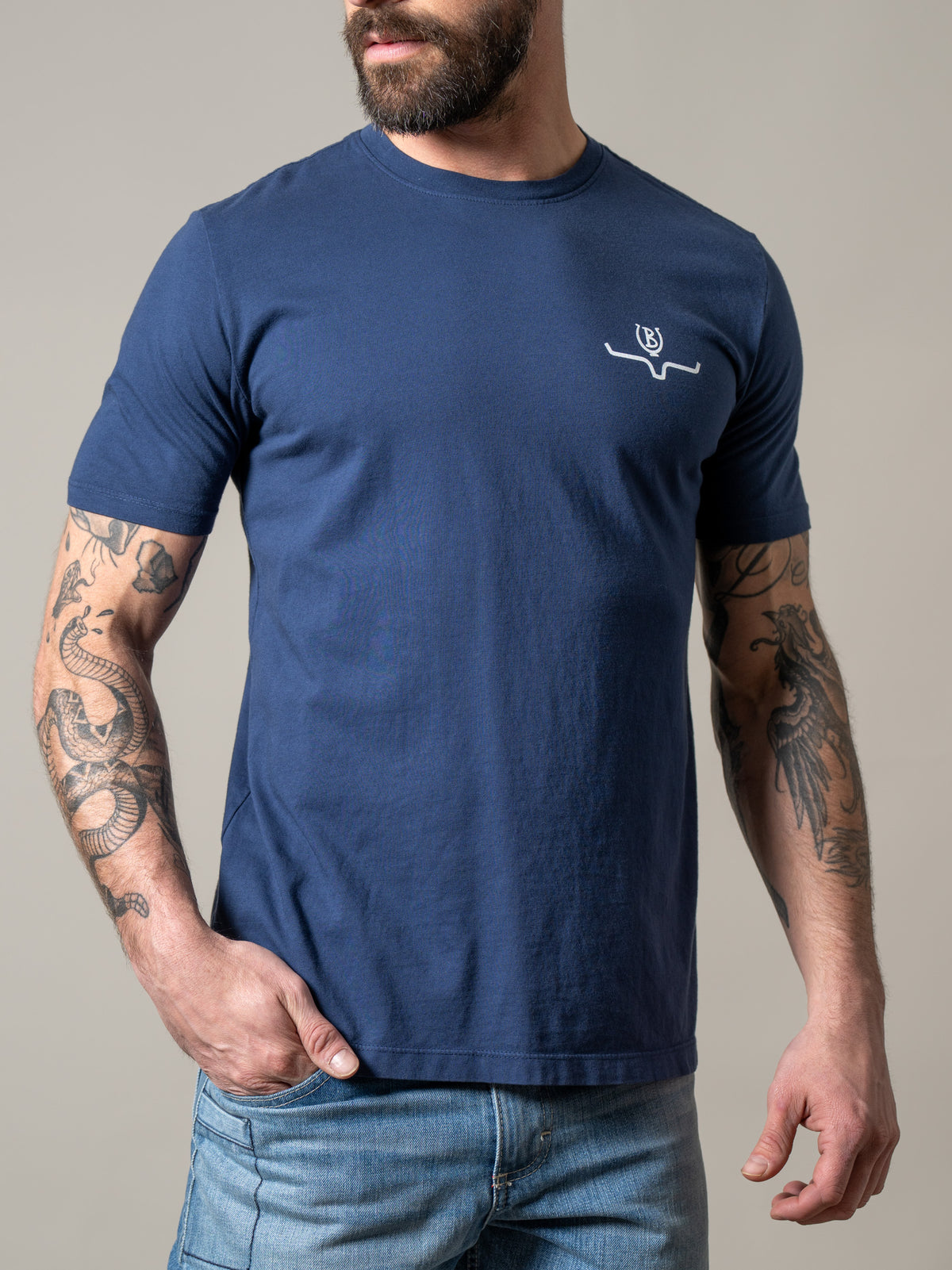 Kimes Ranch Lucky B Sun Had Just Risen shirt in Indigo with a crew neck and chest logo