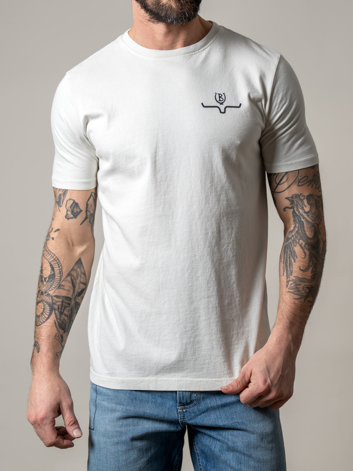 Kimes Ranch Lucky B Sun Had Just Risen shirt in Natural with a crewneck and chest logo