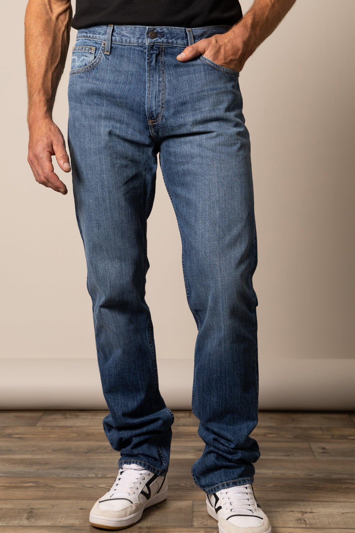 Kimes Ranch Luke Mid Wash Slim Fit jeans in Mid Wash blue with front pockets and a slim leg silhouette