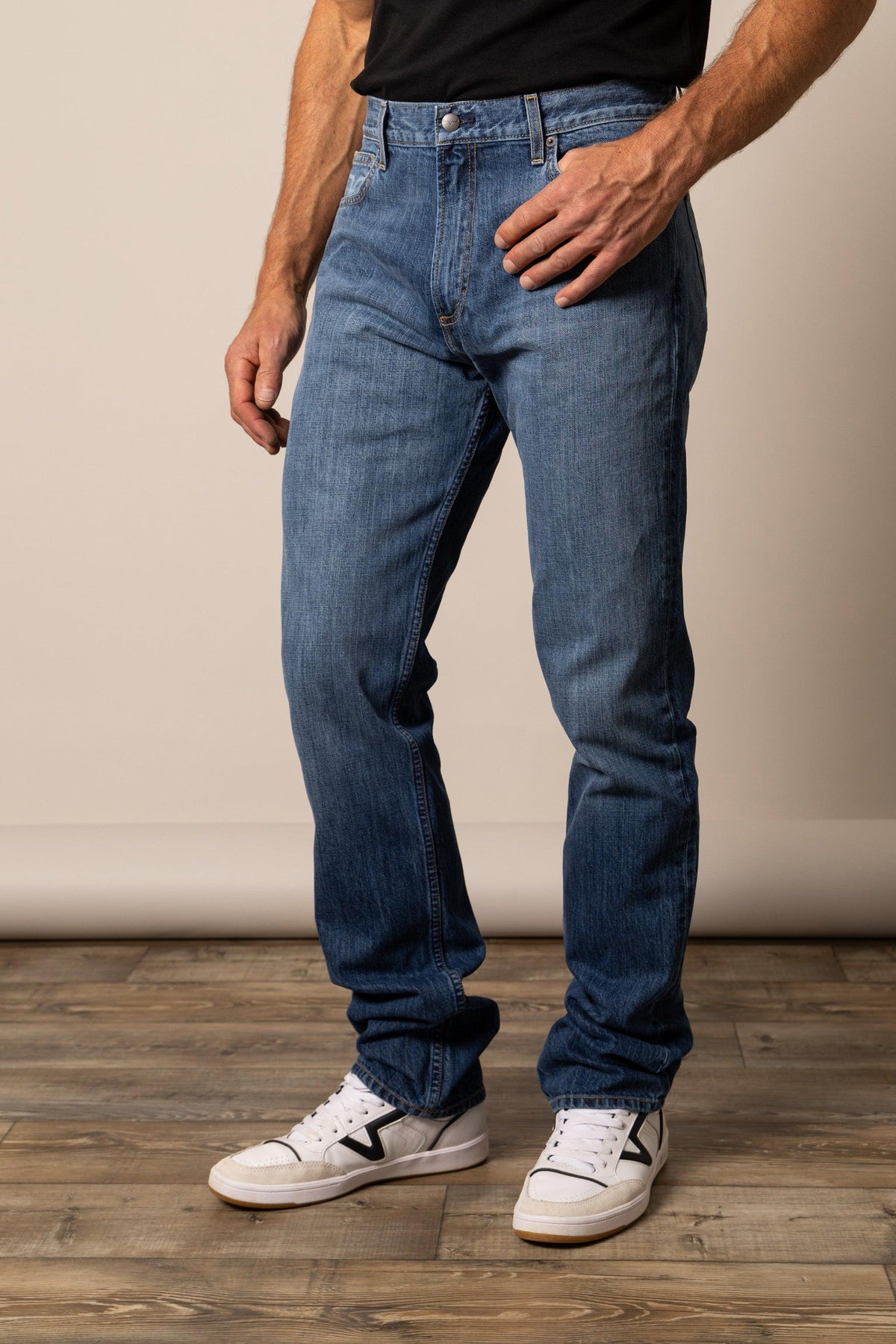 Kimes Ranch Luke Mid Wash Slim Fit jeans in Mid Wash blue with a slim fit silhouette and front pockets