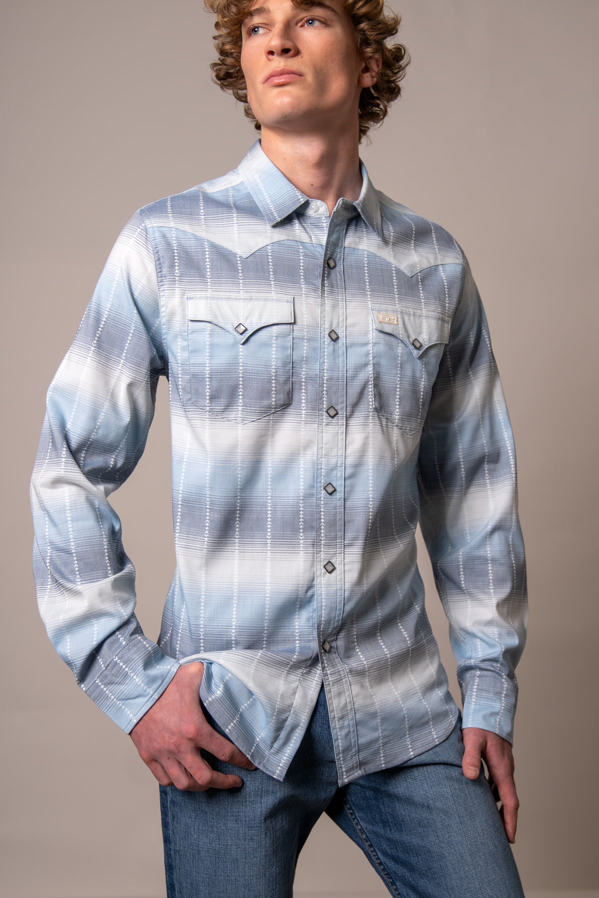 Kimes Ranch Lyle long sleeve dress shirt in Blue with a plaid pattern and western yoke