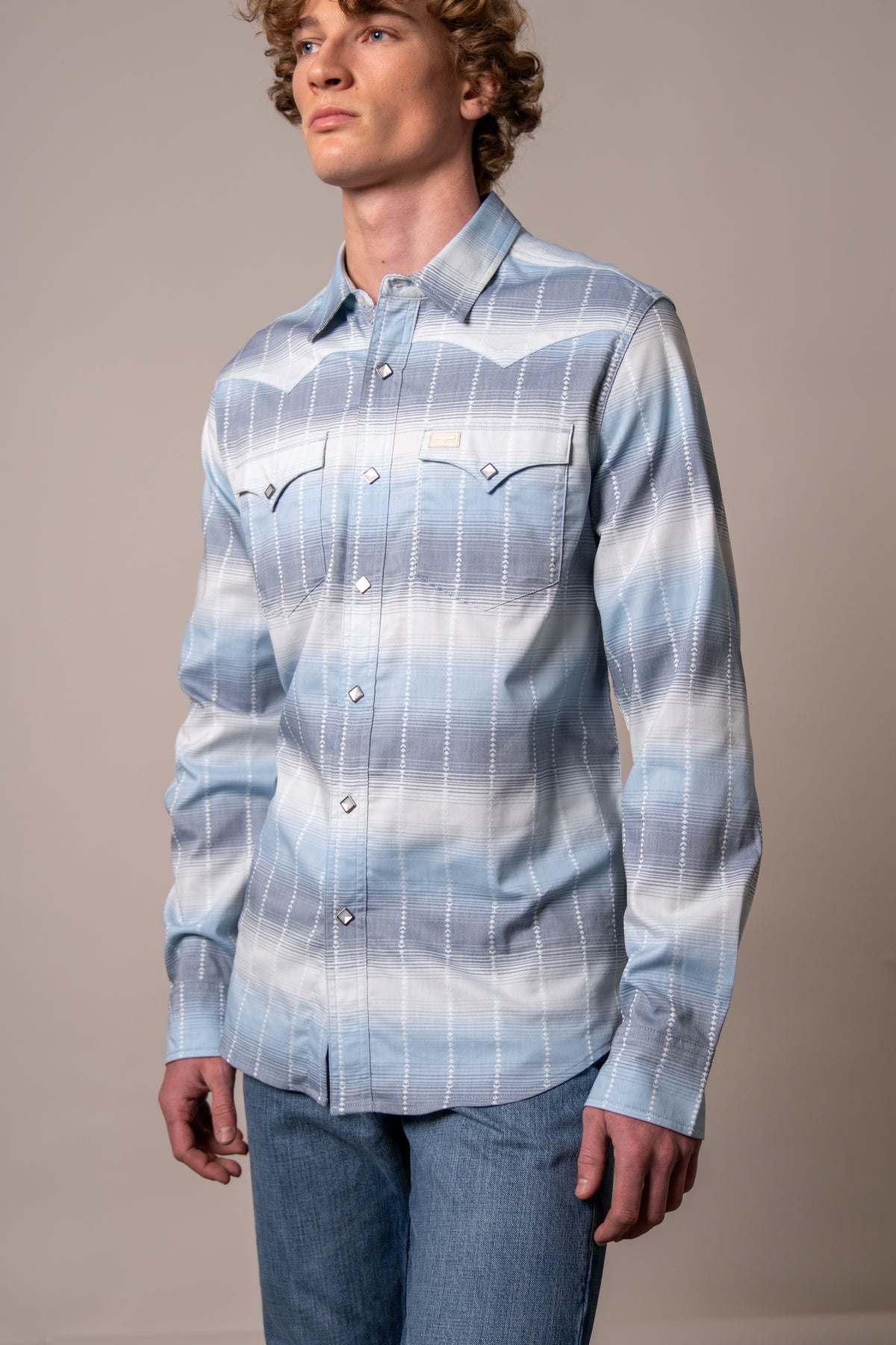 Kimes Ranch Lyle long sleeve dress shirt in Blue with a plaid pattern and western yoke