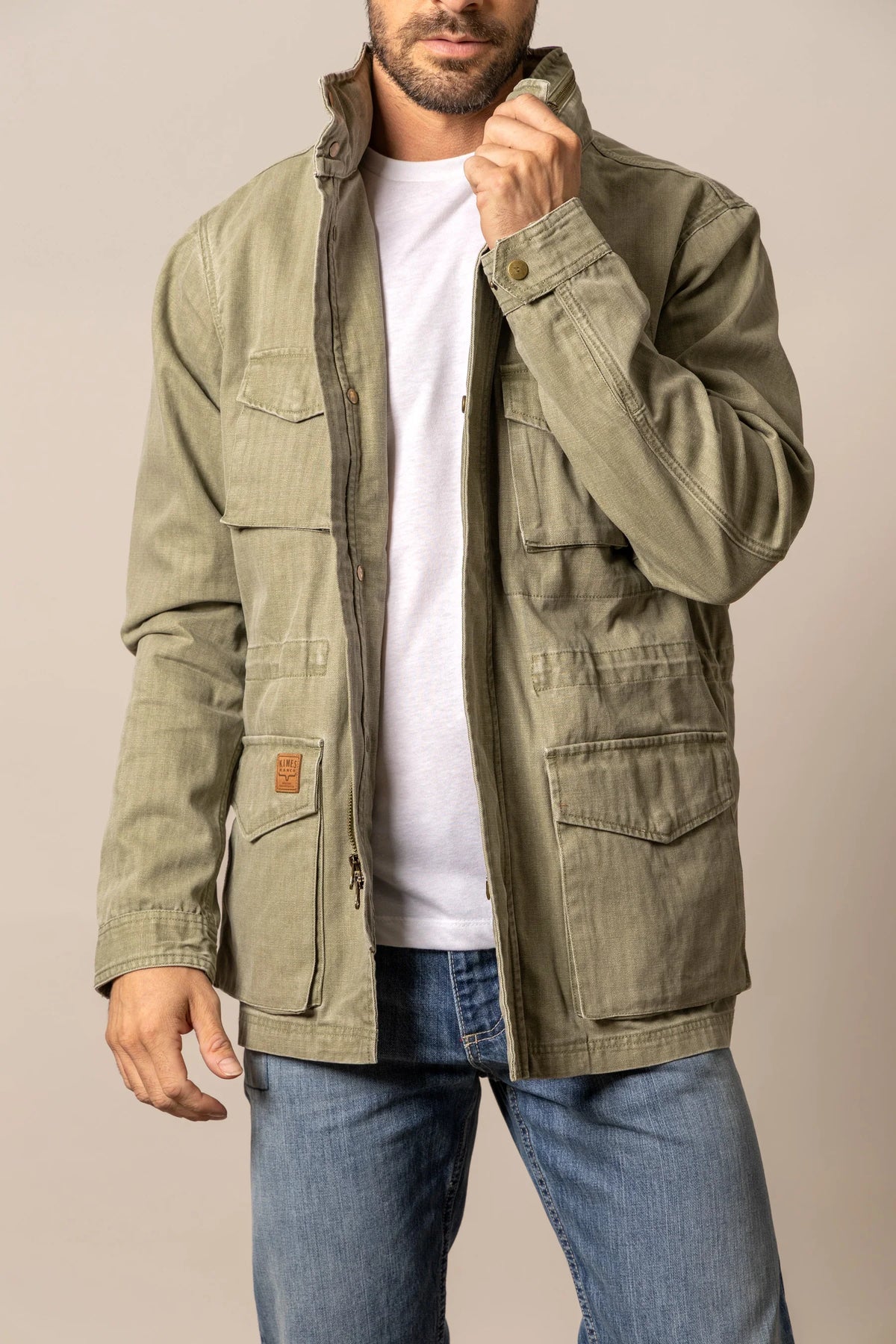 Kimes Ranch M65 S Jacket in Army Green with button cuffs and flap pockets