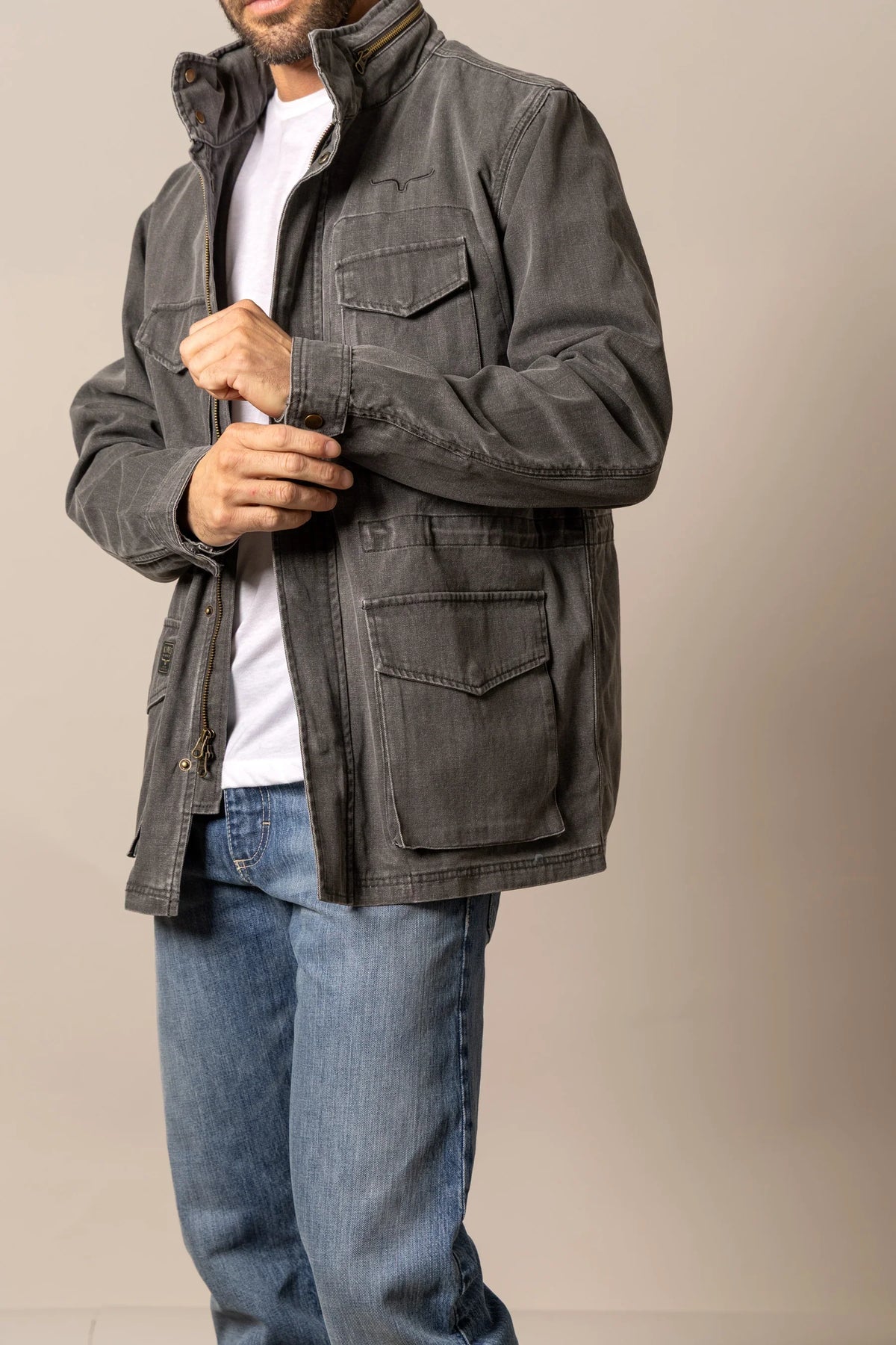 Kimes Ranch M65 S Jacket in Black with flap pockets and a stand-up collar