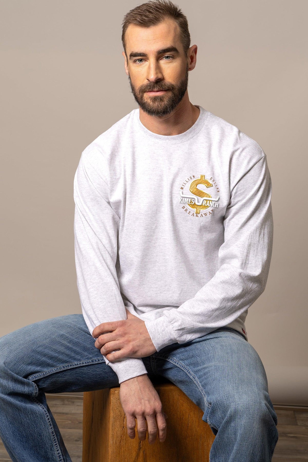 Kimes Ranch MDB Long Sleeve shirt in Ash Heather with a Million Dollar Breakaway graphic on the chest