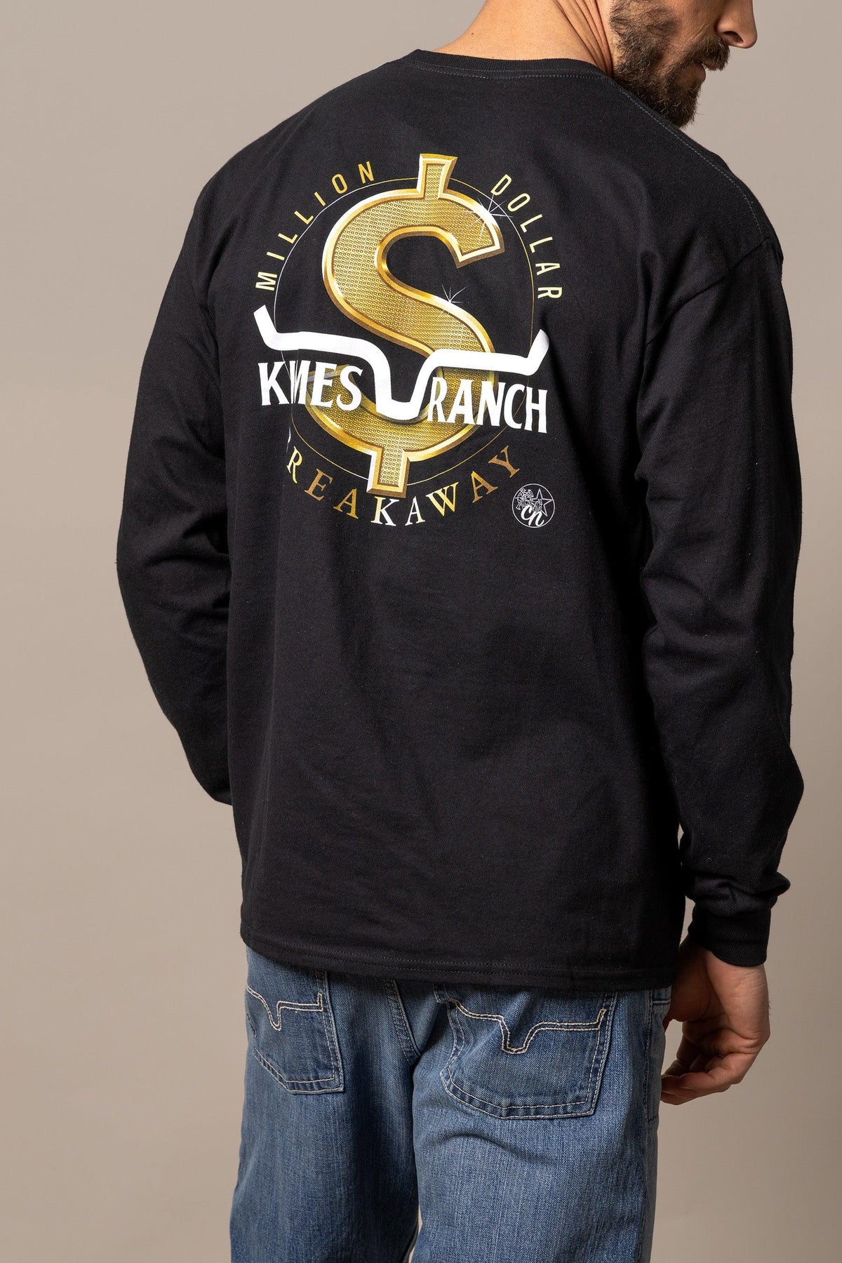 Kimes Ranch MDB Long Sleeve shirt in Black, back view, with a gold dollar sign graphic