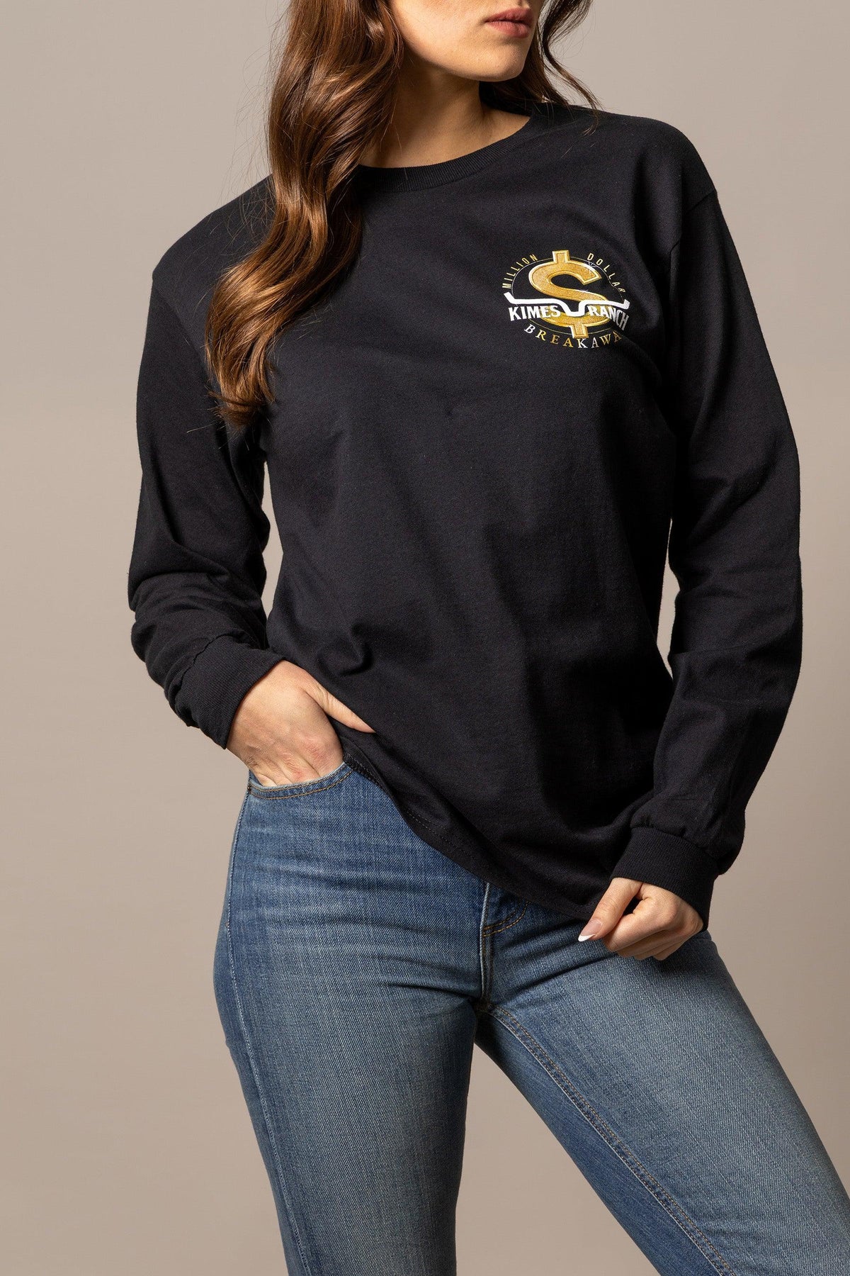 Kimes Ranch MDB Long Sleeve shirt in Black with a Million Dollar Breakaway logo on the chest
