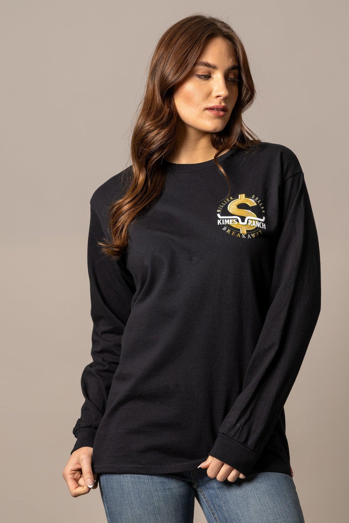 Kimes Ranch MDB Long Sleeve shirt in Black with a Million Dollar Breakaway logo on the chest