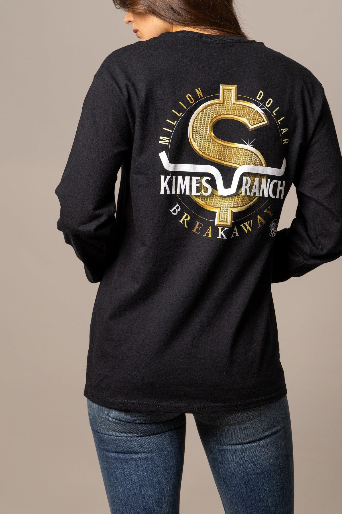 Kimes Ranch MDB Long Sleeve shirt in Black, back view, with a large gold dollar sign graphic