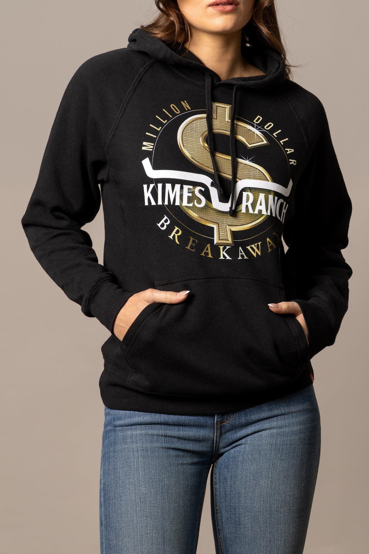 Kimes Ranch MDB Pullover hoodie in black with a gold dollar sign graphic and Kimes Ranch Breakaway text
