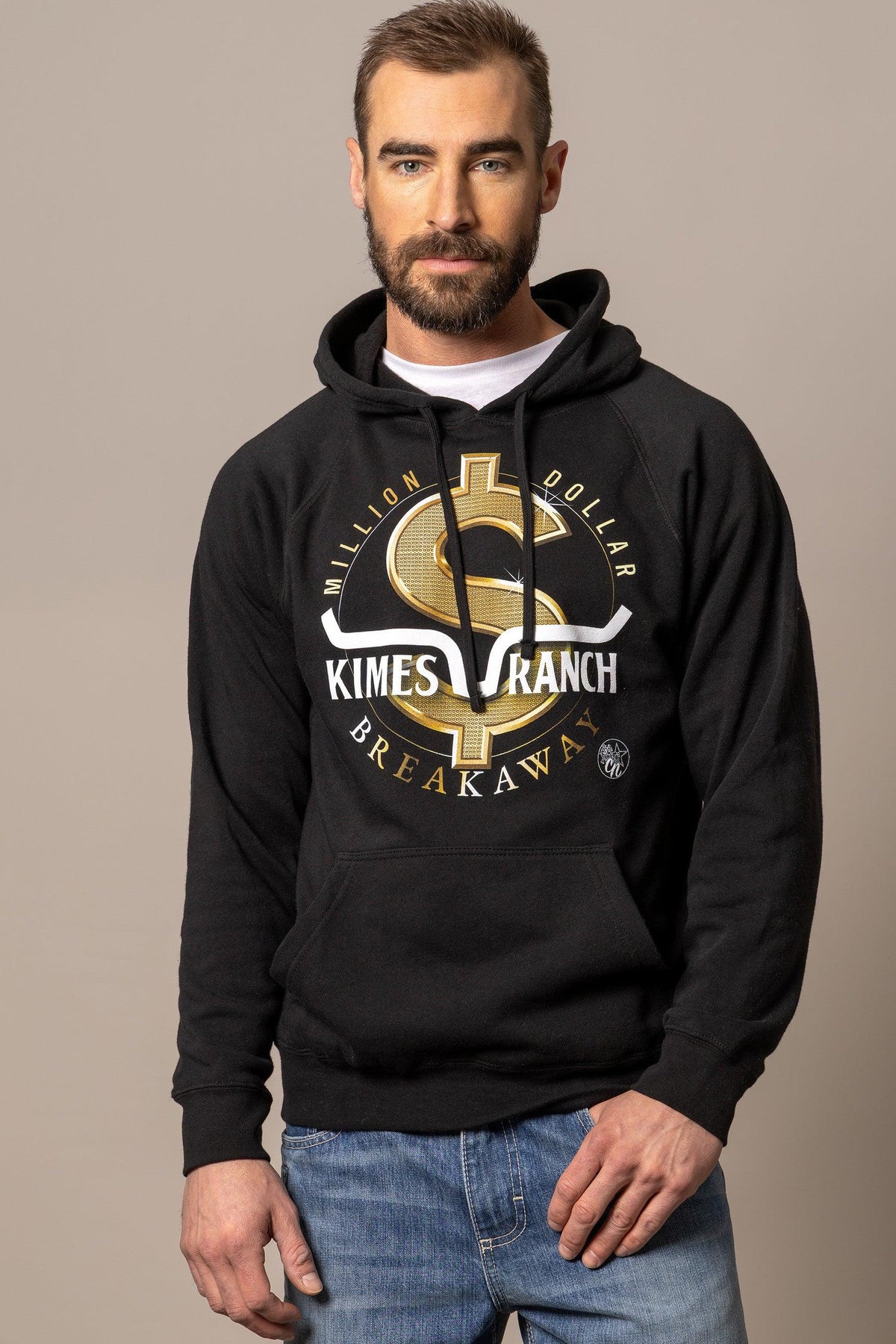 Kimes Ranch MDB Pullover hoodie in Black with a gold dollar sign graphic and Kimes Ranch Breakaway text