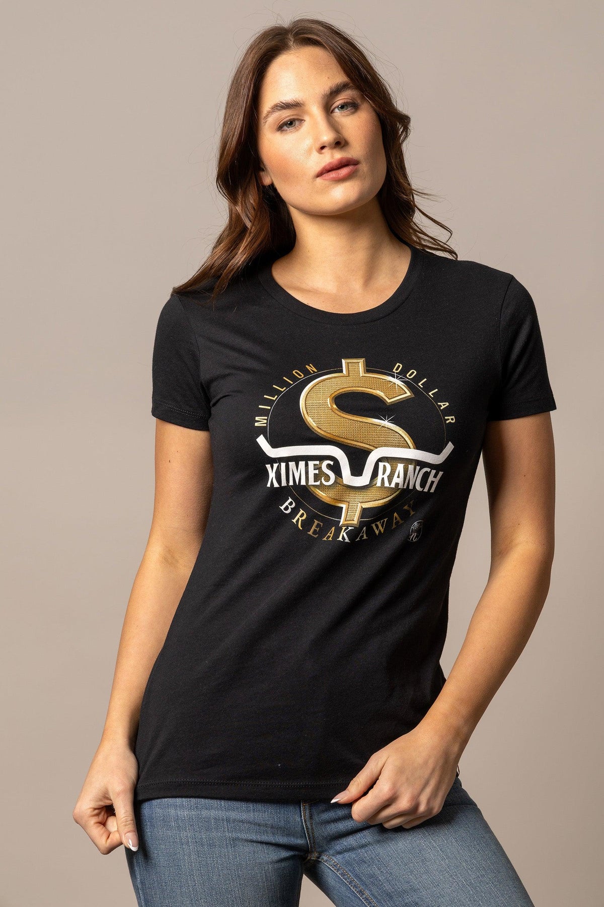 Kimes Ranch Women's MDB Tee in black with a gold dollar sign graphic and Million Dollar Breakaway text