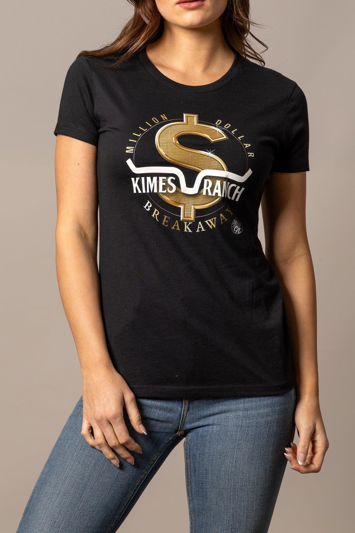 Kimes Ranch Women's MDB Tee in Black with a gold dollar sign graphic and Million Dollar Breakaway text