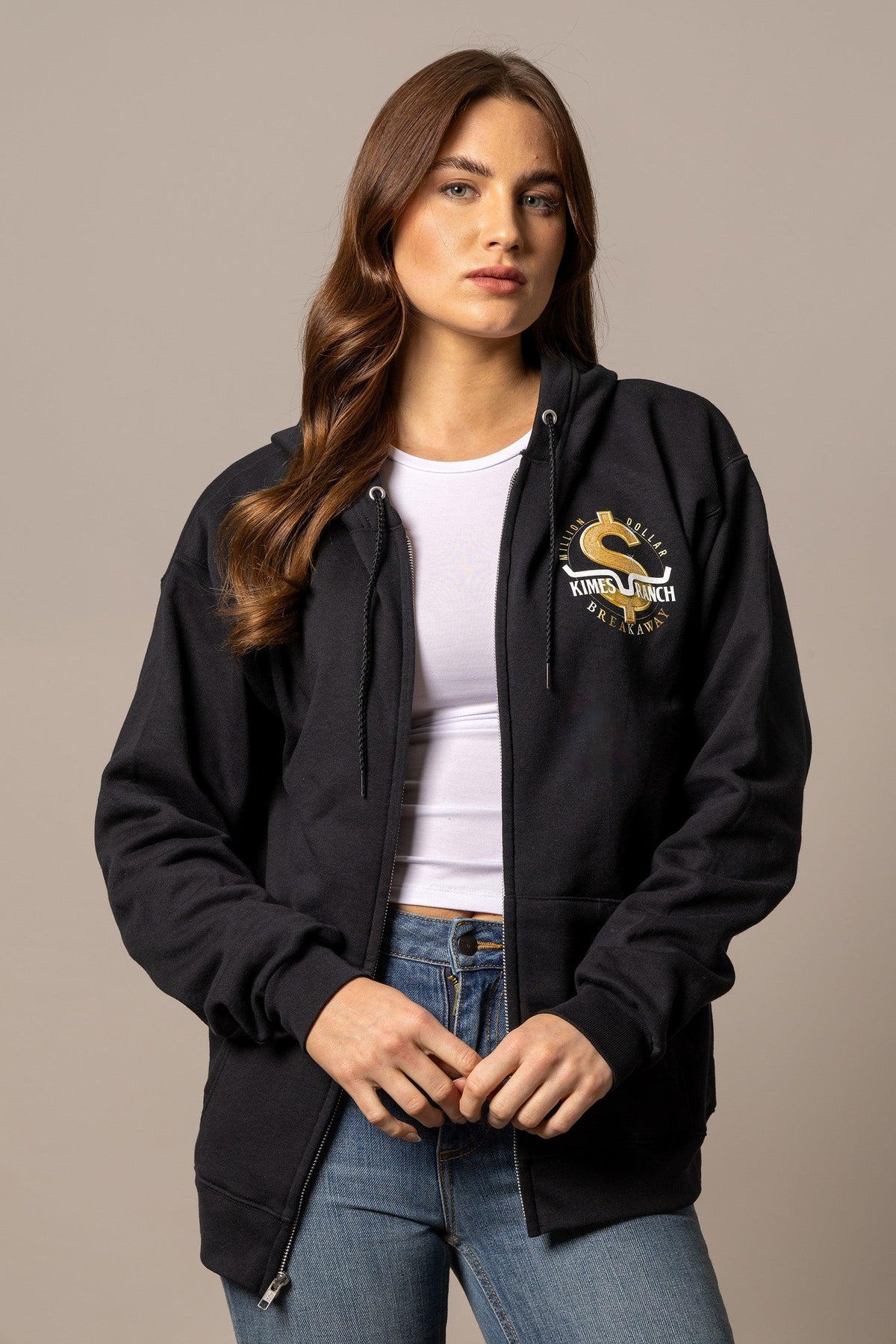 Kimes Ranch MDB Zip Up hoodie in black with a gold and white Billion Dollar Breakaway logo on the chest