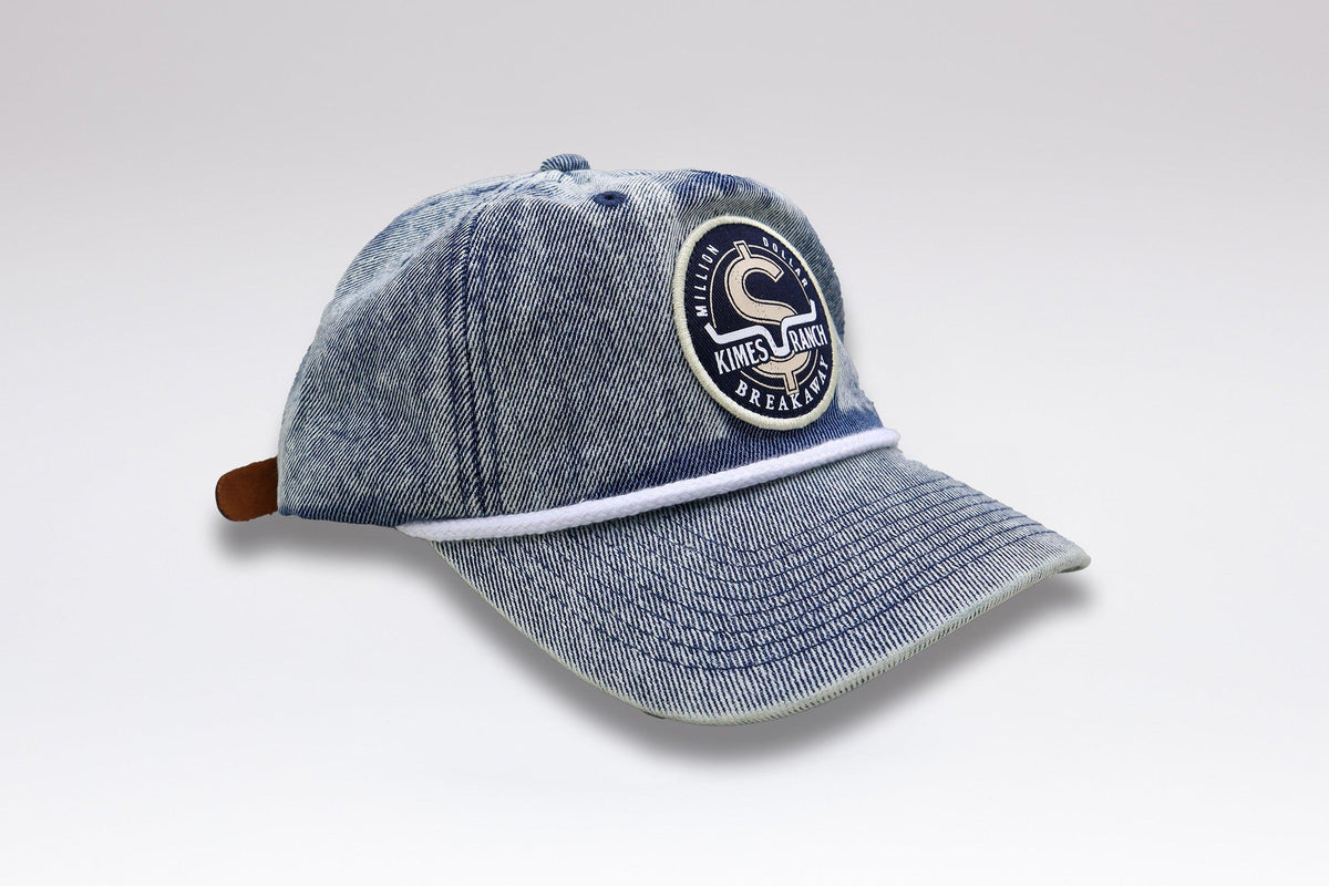Kimes Ranch MDB Rope Hat, side view, with a circular logo patch and white rope trim