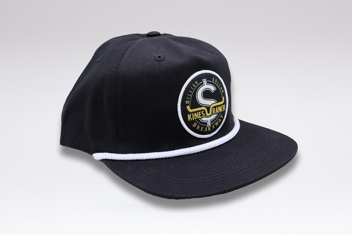 Kimes Ranch MDB Rope Hat in Black, side view, with a white rope trim and a Million Dollar Breakaway logo patch
