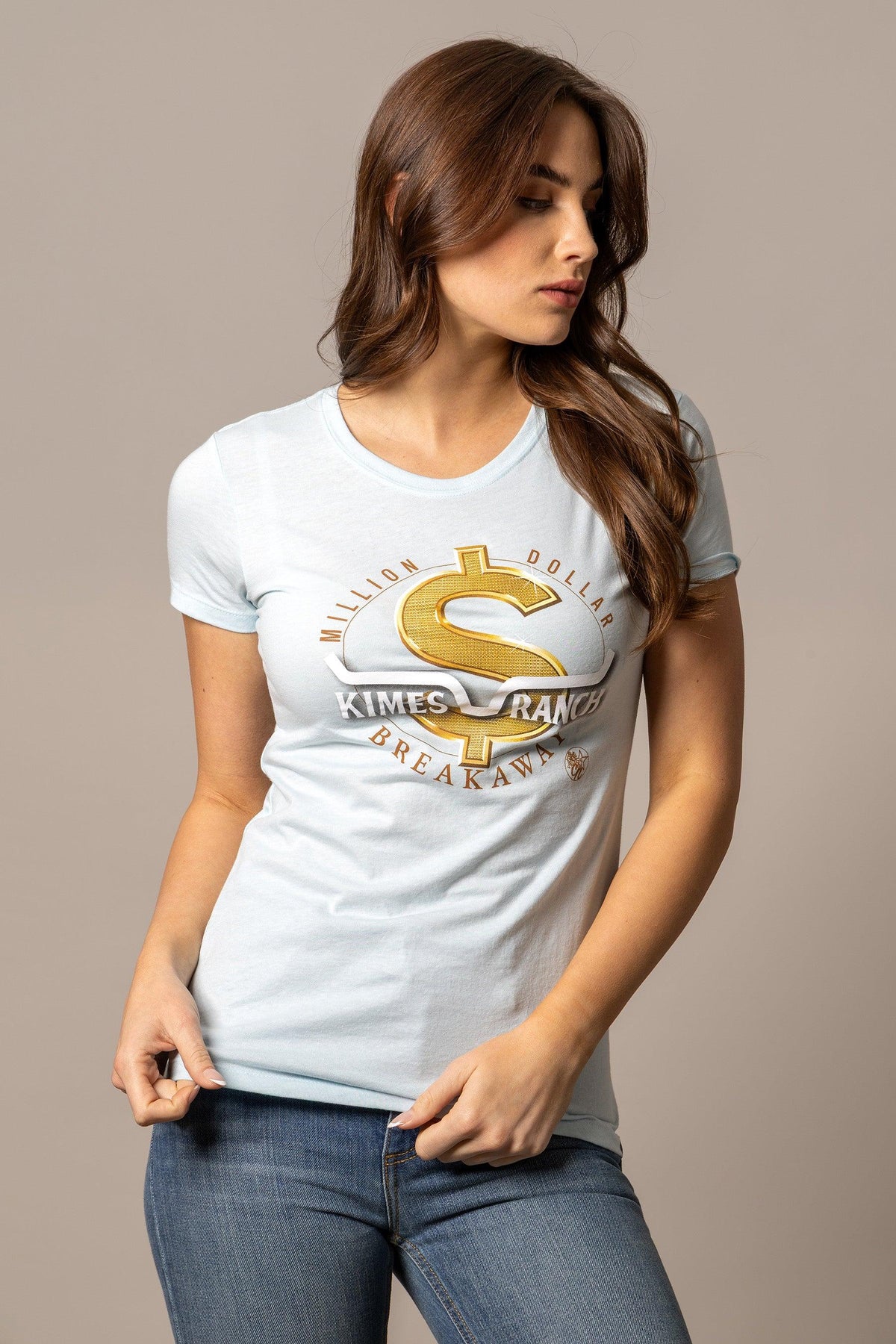 Kimes Ranch Women's MDB Tee with a gold dollar sign graphic and Million Dollar Breakaway text