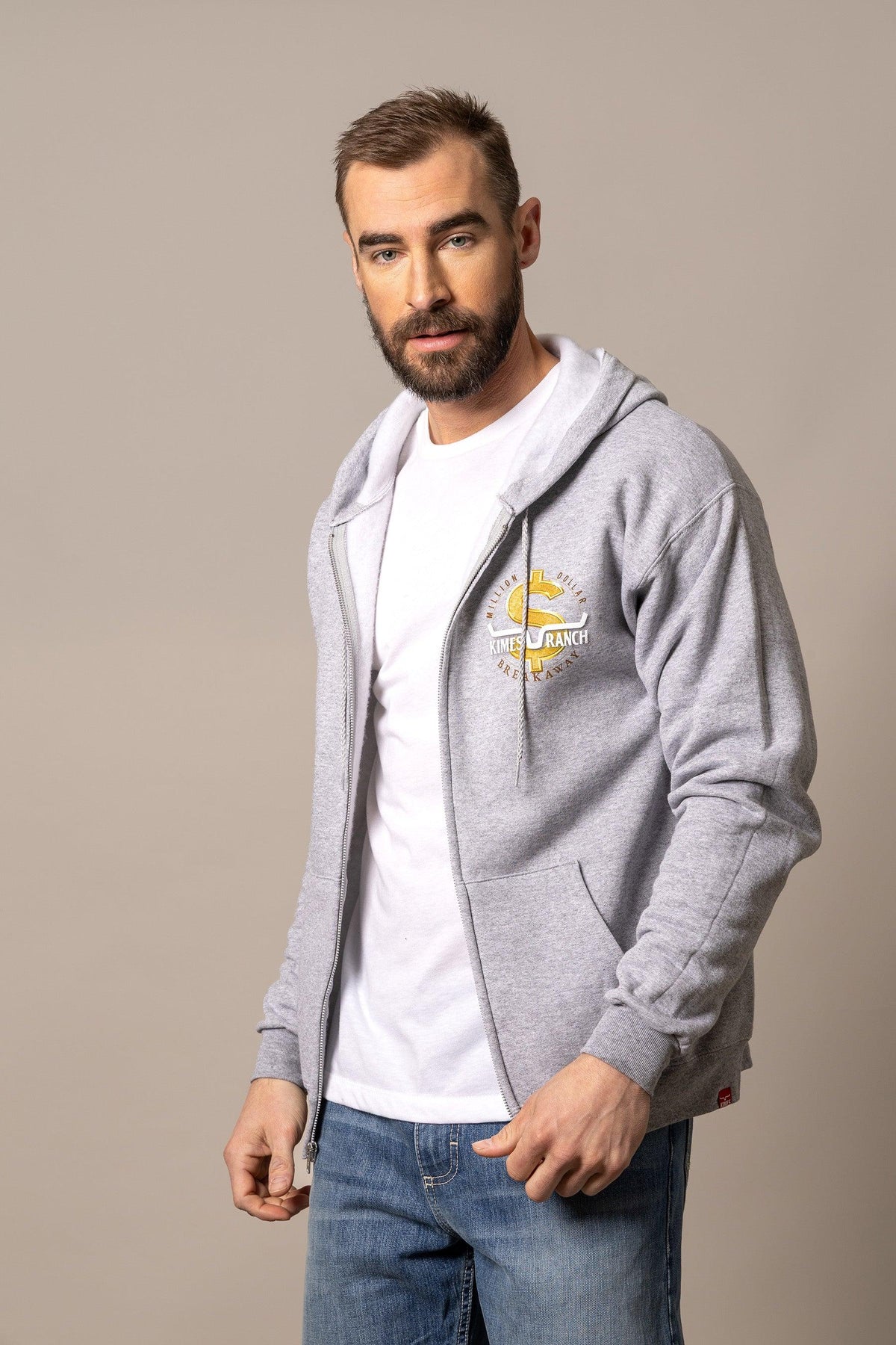 Kimes Ranch MDB Zip Up hoodie in grey with a front kangaroo pocket and a gold dollar sign graphic