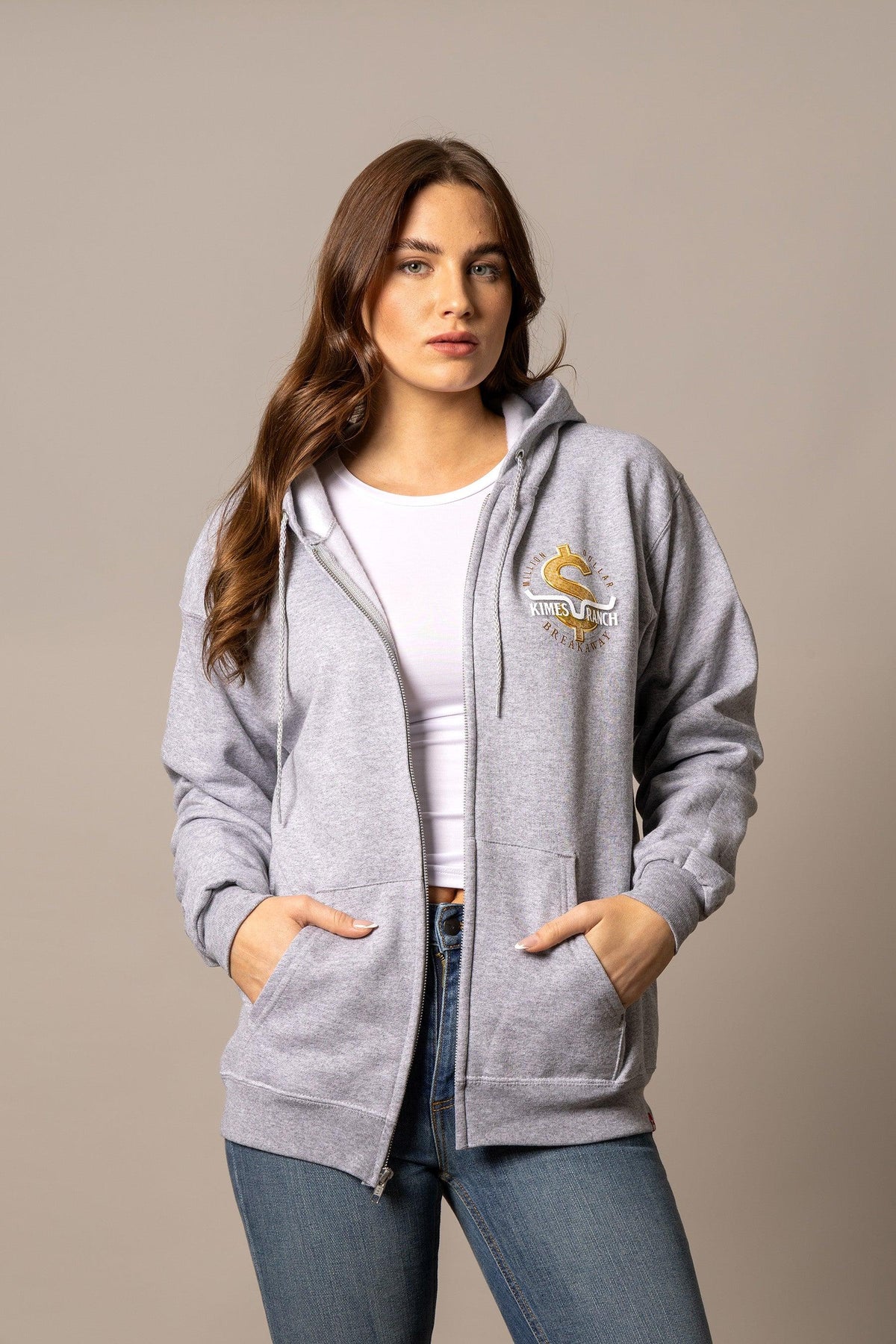 Kimes Ranch MDB Zip Up hoodie in grey with a front kangaroo pocket and the Kimes Ranch logo on the chest