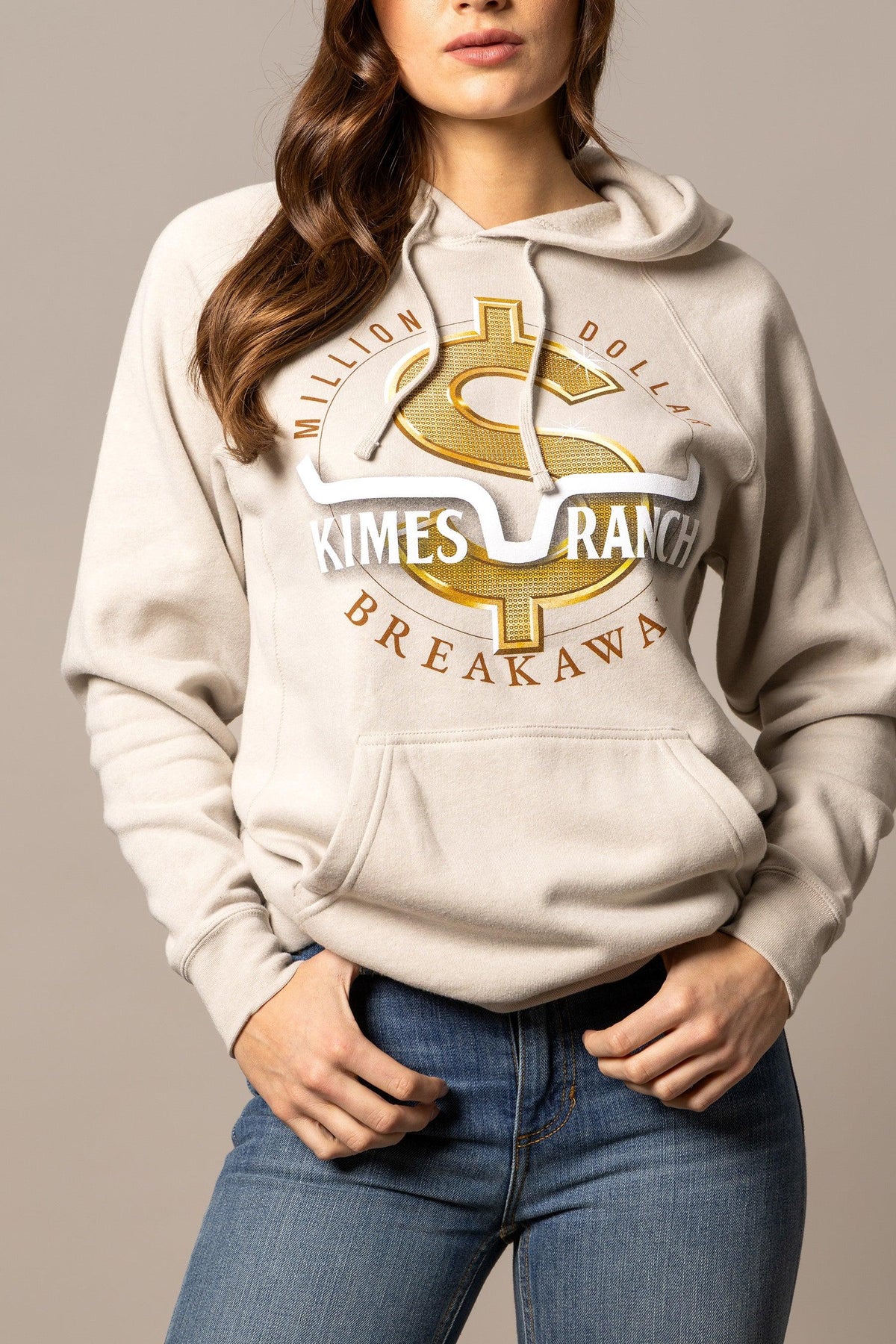 Kimes Ranch MDB Pullover hoodie in oatmeal with a gold dollar sign graphic and kangaroo pocket