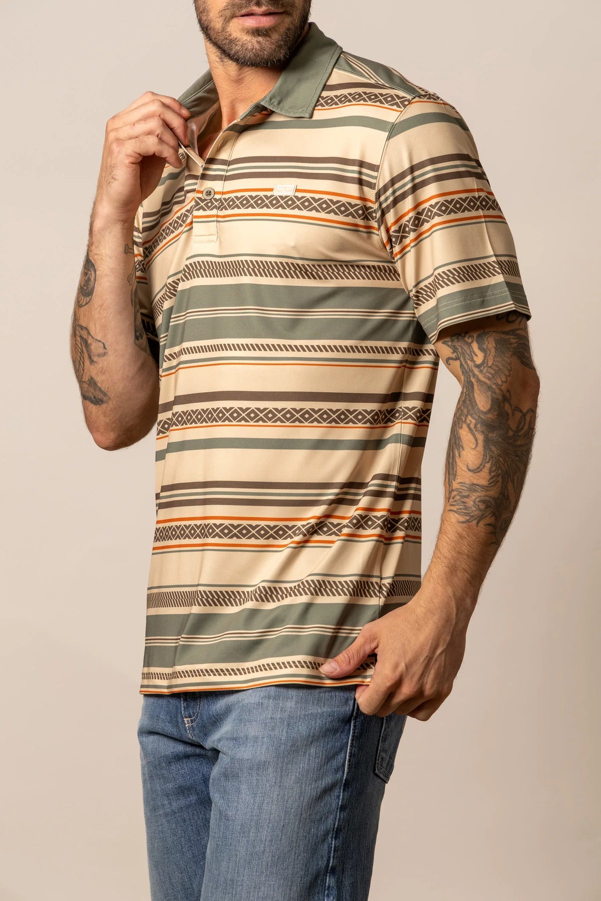 Kimes Ranch Mackin Stripe Polo in Army Green, side view, with horizontal stripes and geometric patterns