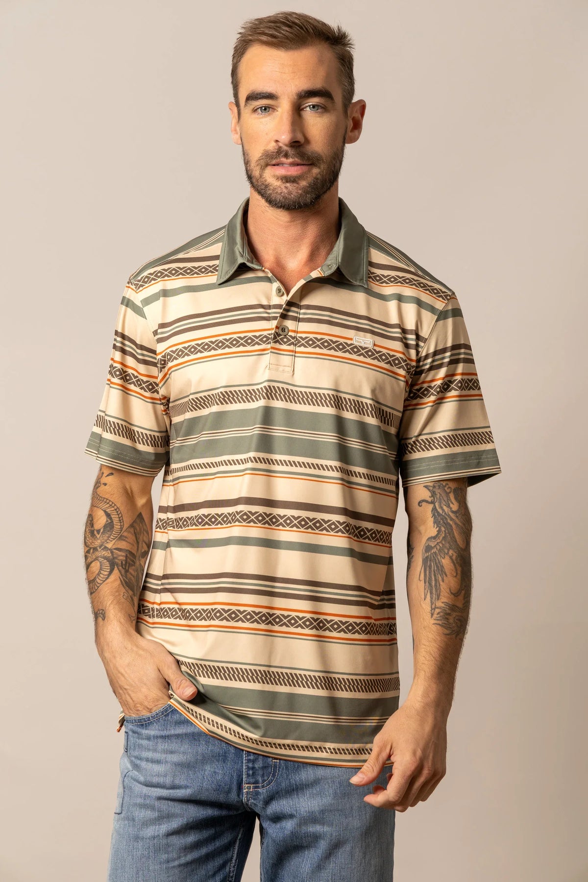 Kimes Ranch Mackin Stripe Polo in Army Green with horizontal geometric stripes and a button placket