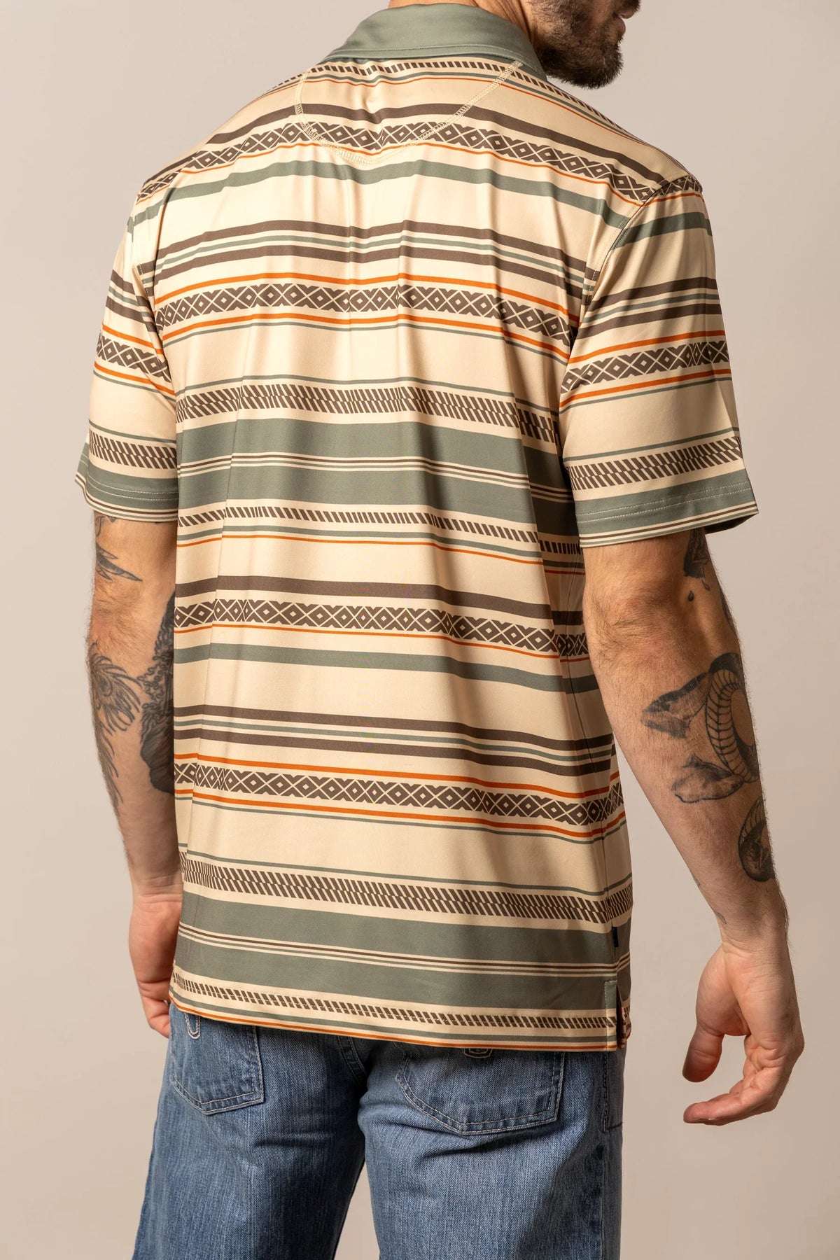 Kimes Ranch Mackin Stripe Polo in Army Green, back view, with horizontal stripes and geometric patterns