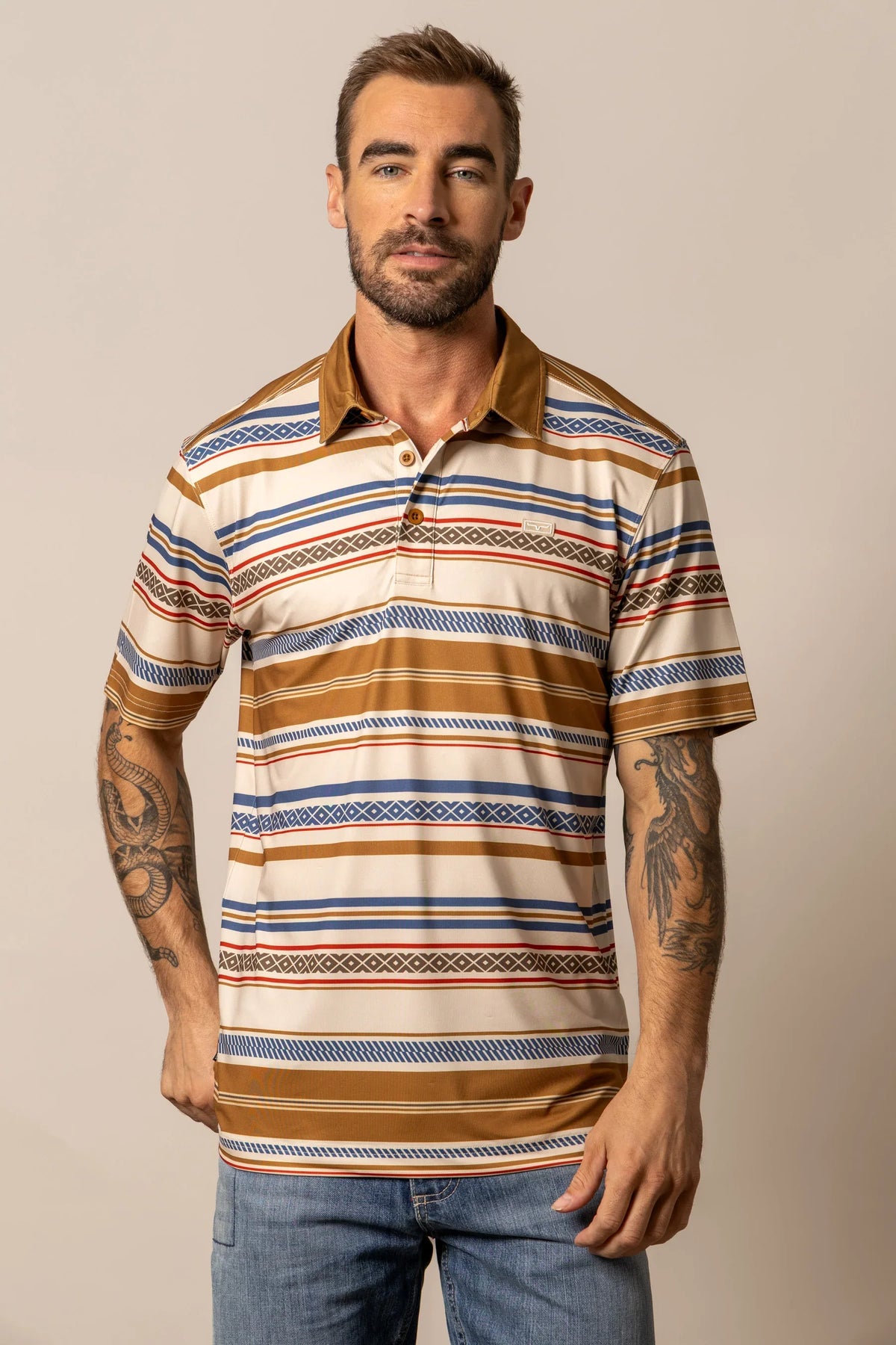 Kimes Ranch Mackin Stripe Polo in Natural with brown collar and multicolor horizontal stripes
