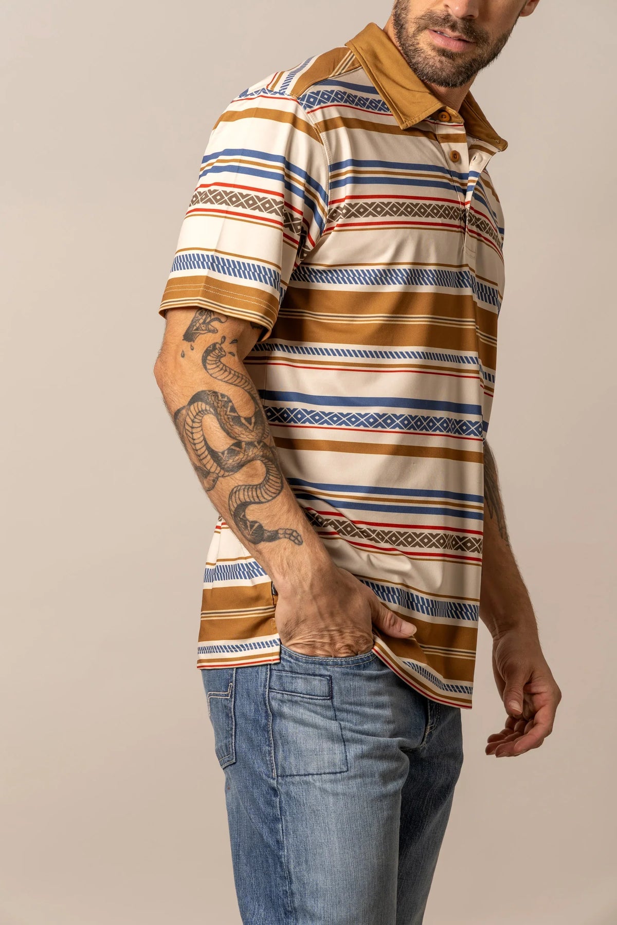Kimes Ranch Mackin Stripe Polo in Natural, side view, with a solid collar and multicolor horizontal stripes